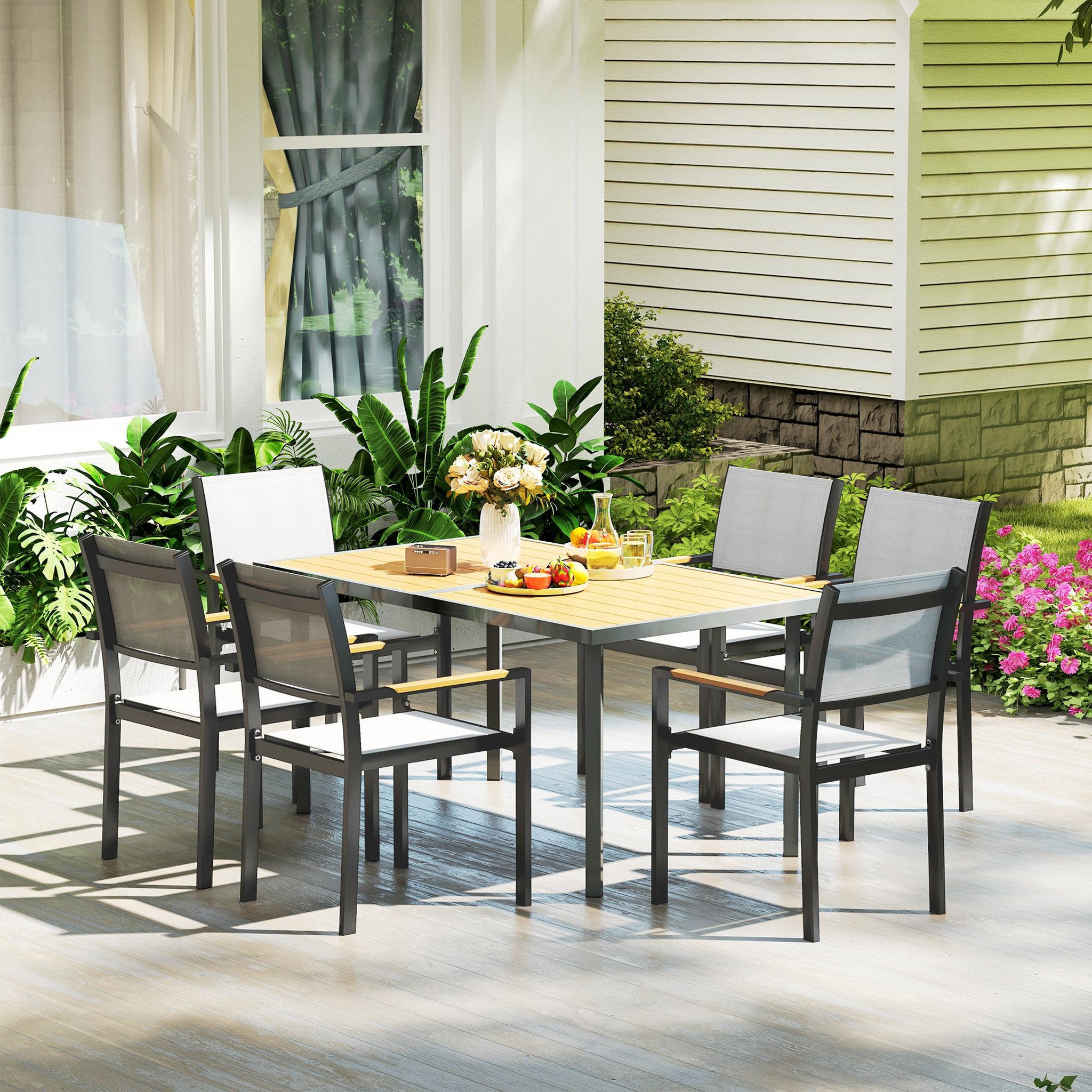 Voir la diapositive 4 : OUTSUNNY Table de jardin 6 personnes rectangulaire dim. 150 x 90 x 72 cm métal gris plateau effet bois naturel