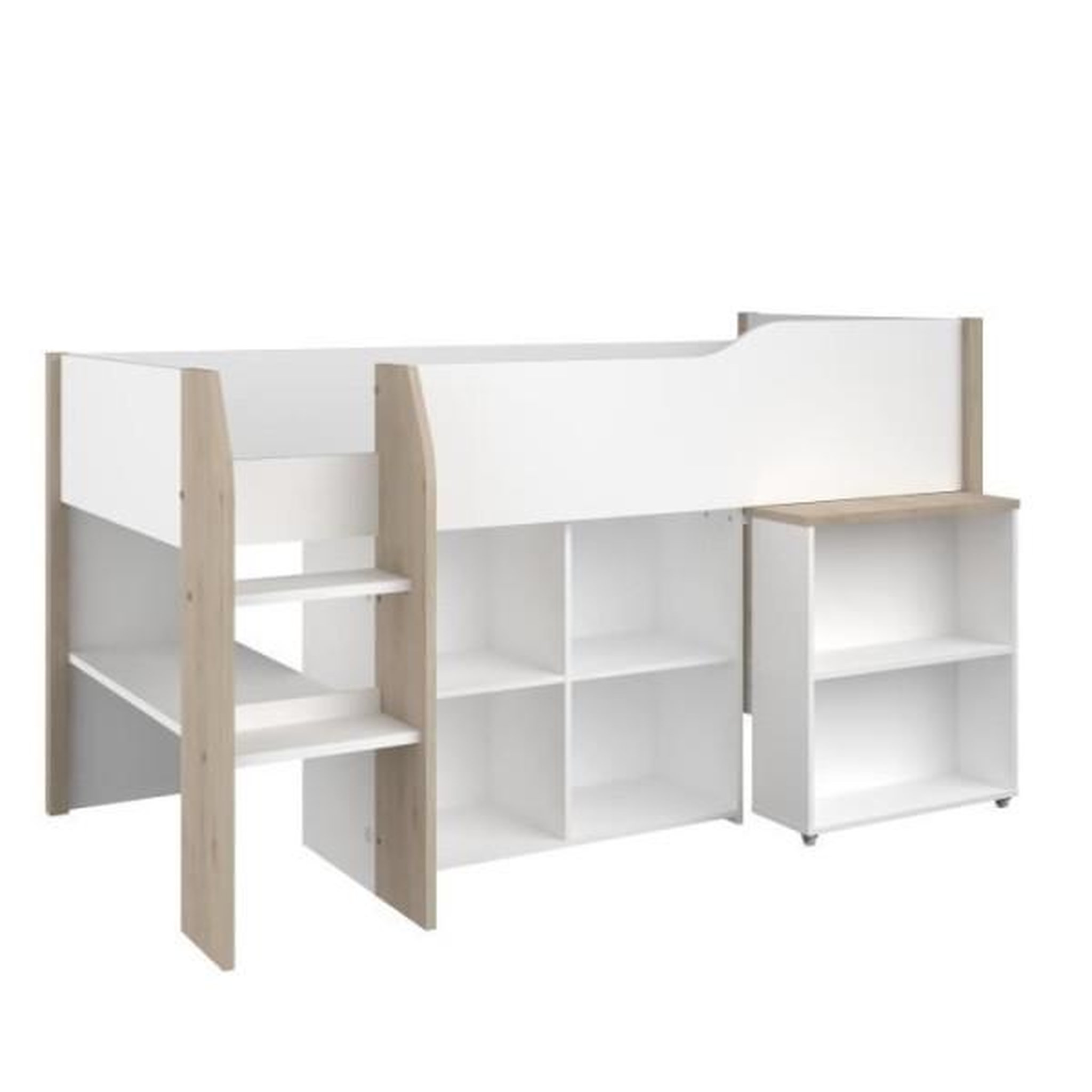 Voir la diapositive 3 : PARISOT Lit combiné enfant avec bureau rétractable - PARISOT - LIAM - Blanc et chene - Sommier inclus - 90x200 cm