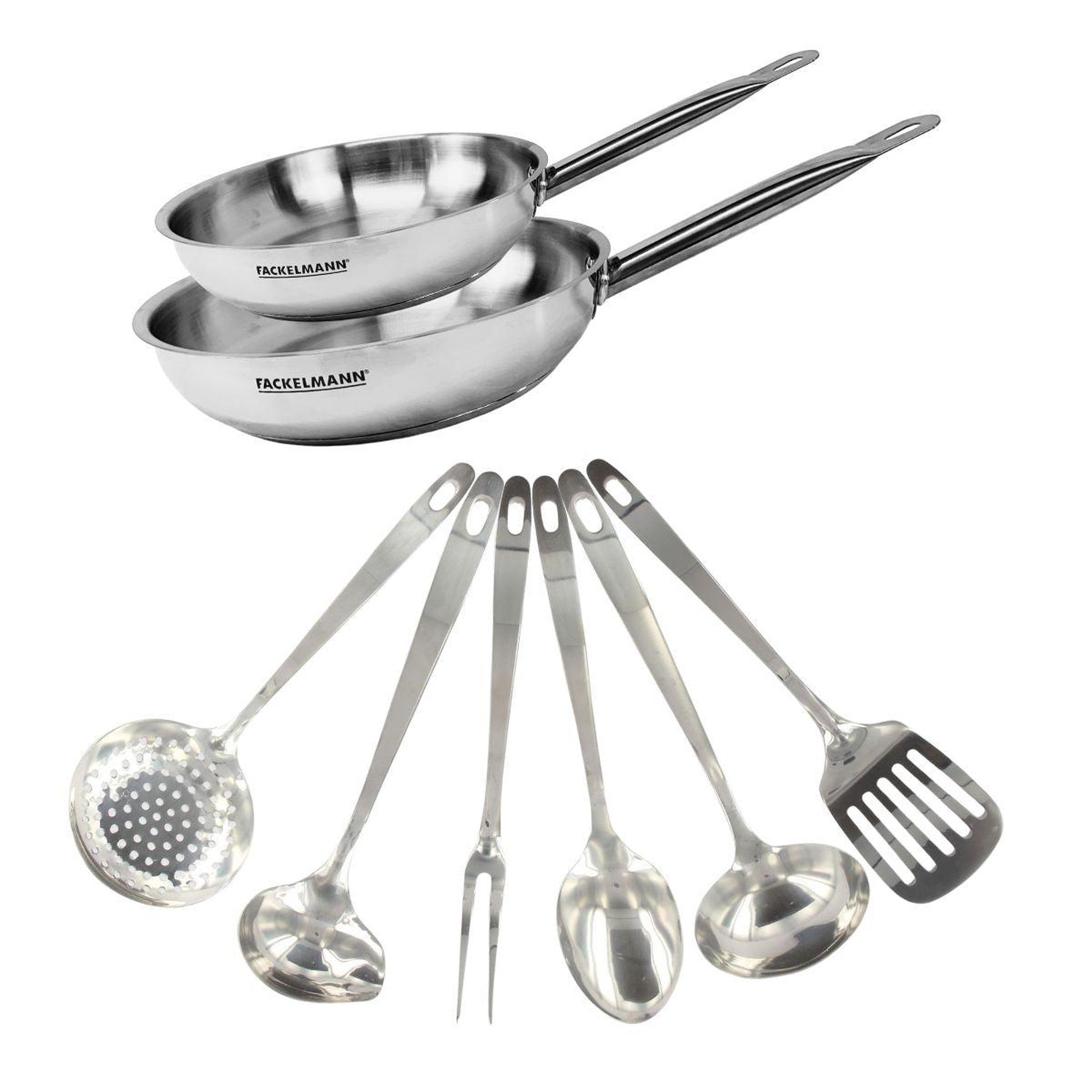 Fackelmann Set de 2 poêles de 24 et 28 cm en inox et 6 ustensiles inox fackelmann eterna