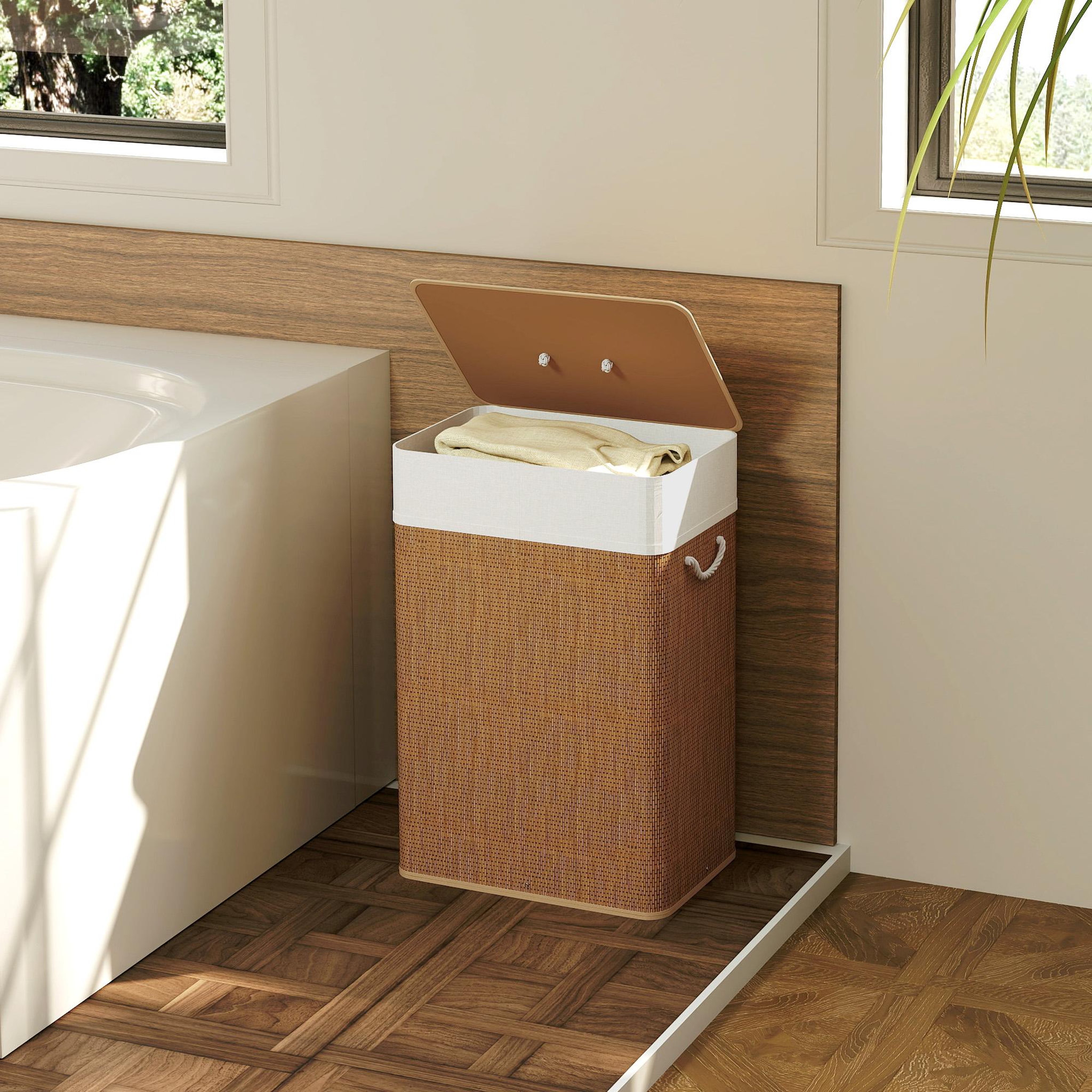 Voir la diapositive 4 : HOMCOM Panier à linge rectangulaire bambou 72l déhoussable lavable marron