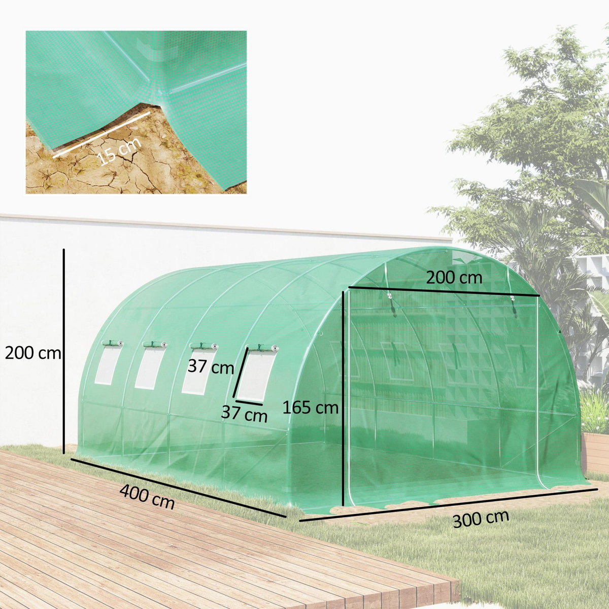 OUTSUNNY Bâche de rechange serre tunnel 12 m² - 4 x 3 x 2 m - 8 fenêtres, porte - PE haute densité vert