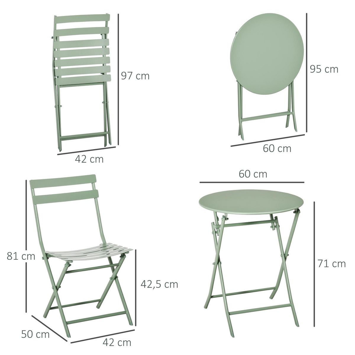 OUTSUNNY Salon de jardin bistro pliable - table ronde Ø 60 cm avec 2 chaises pliantes - métal thermolaqué vert d'eau