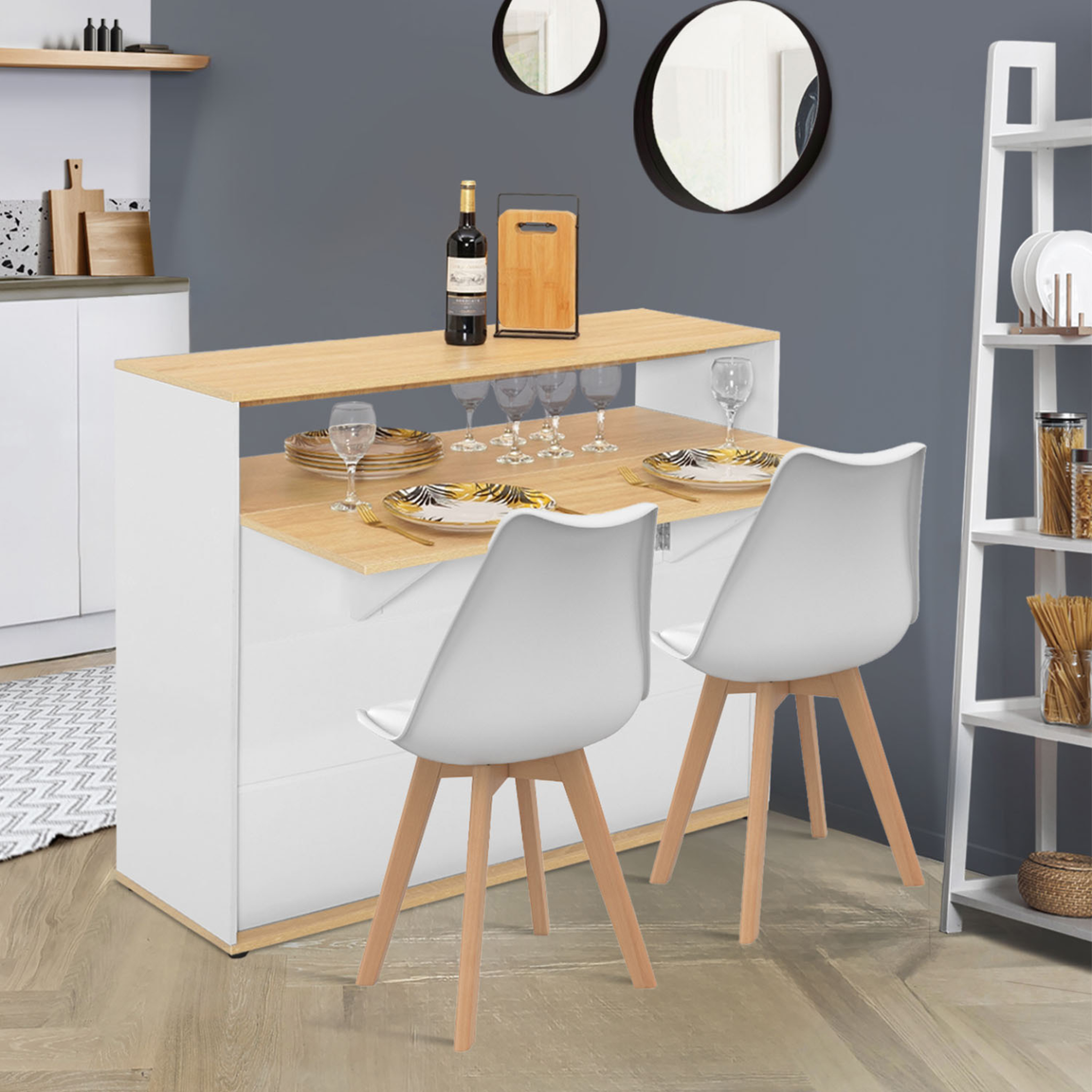 Voir la diapositive 2 : ID MARKET Meuble de bar extensible en table à manger 2 personnes vito blanc et plateau bois