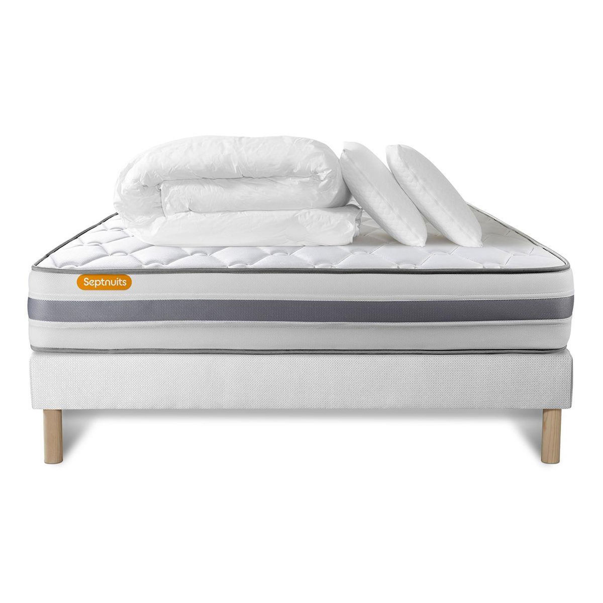 SEPTNUITS Pack matelas + sommier  Memo Spring Ressorts ensachés 3 zones MAXI épaisseur + Couette + 2 oreillers
