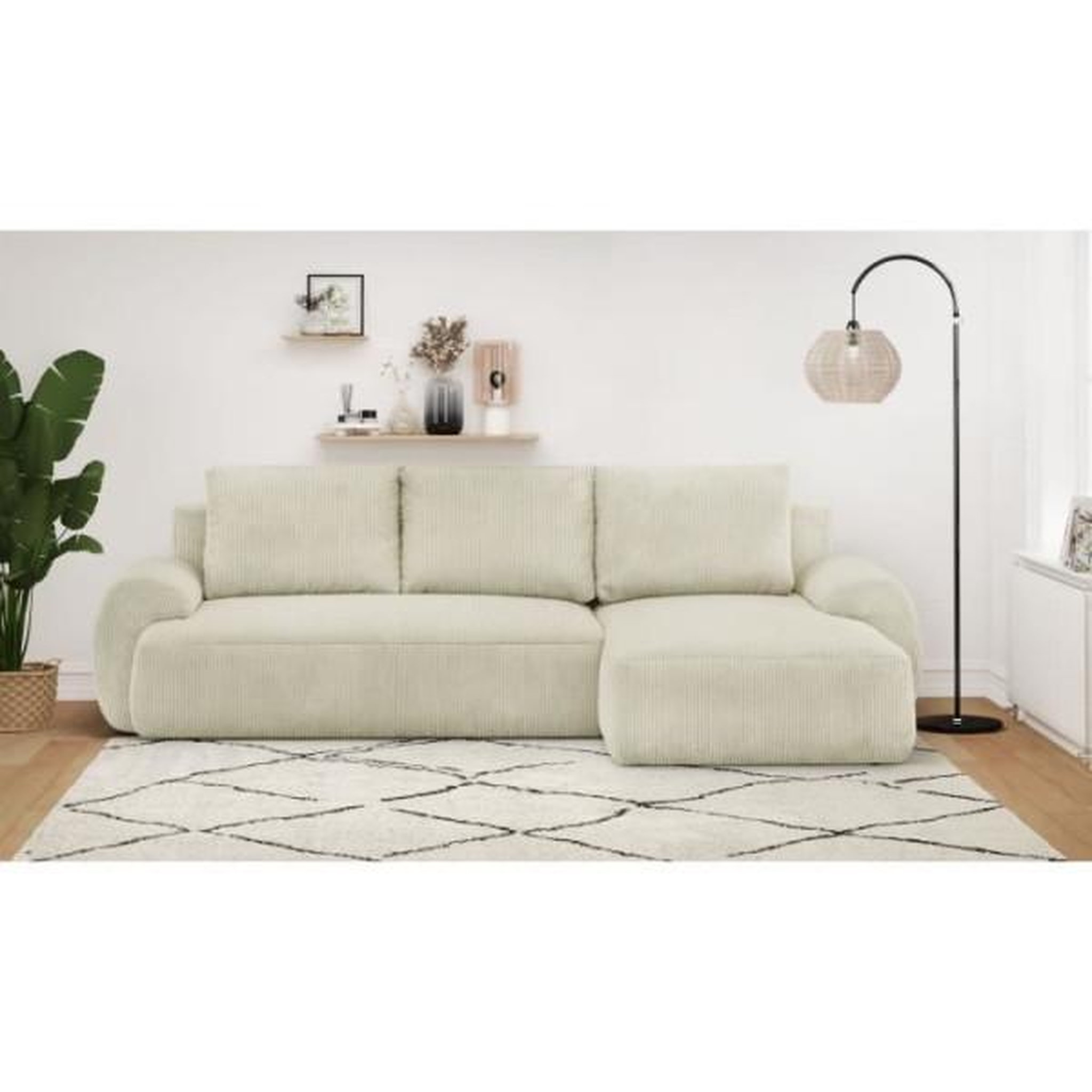 Voir la diapositive 2 : MARKET24 Canapé d'angle droit convertible 4/5 places MILO - Velours côtelés beige - Coffre de rangement - L 264 x H 84 x P 99/145 cm