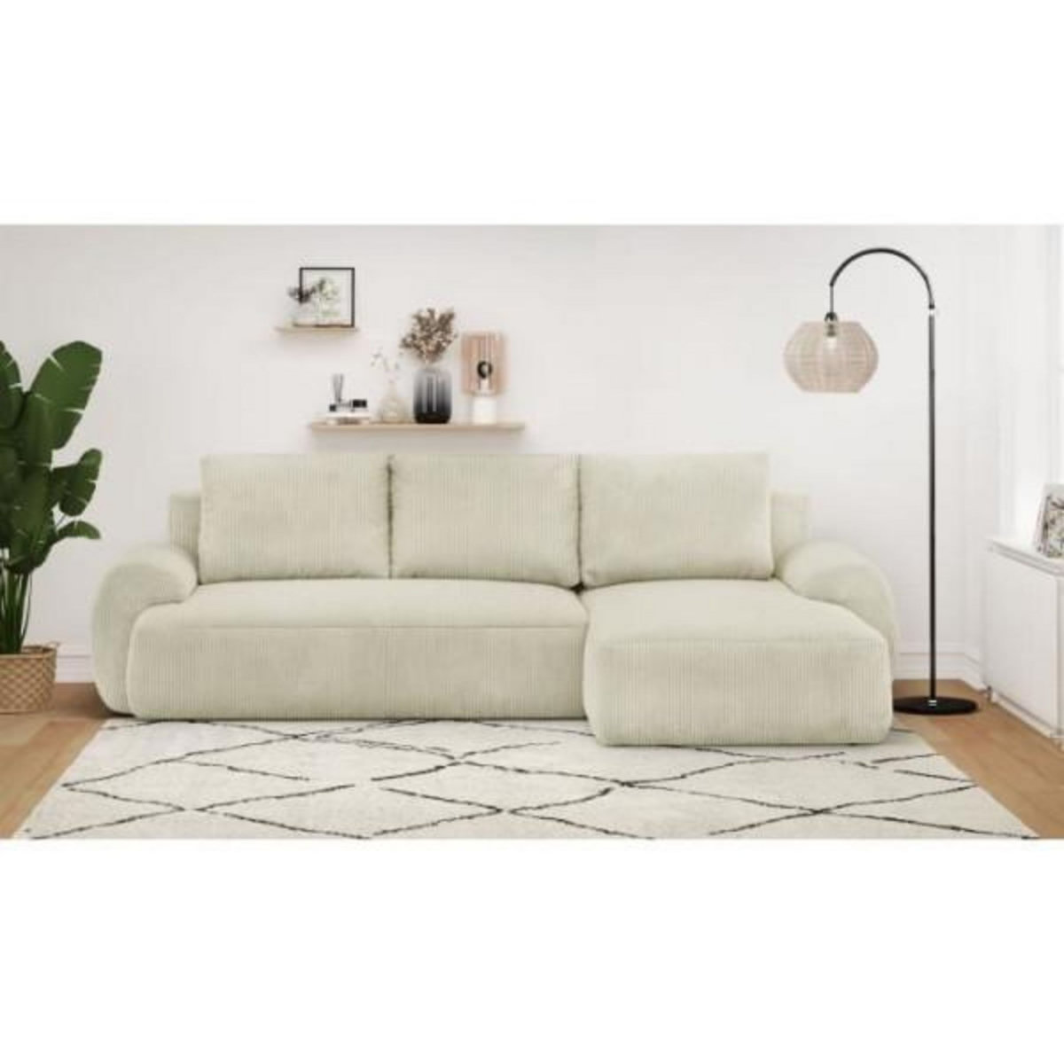 MARKET24 Canapé d'angle droit convertible 4/5 places MILO - Velours côtelés beige - Coffre de rangement - L 264 x H 84 x P 99/145 cm