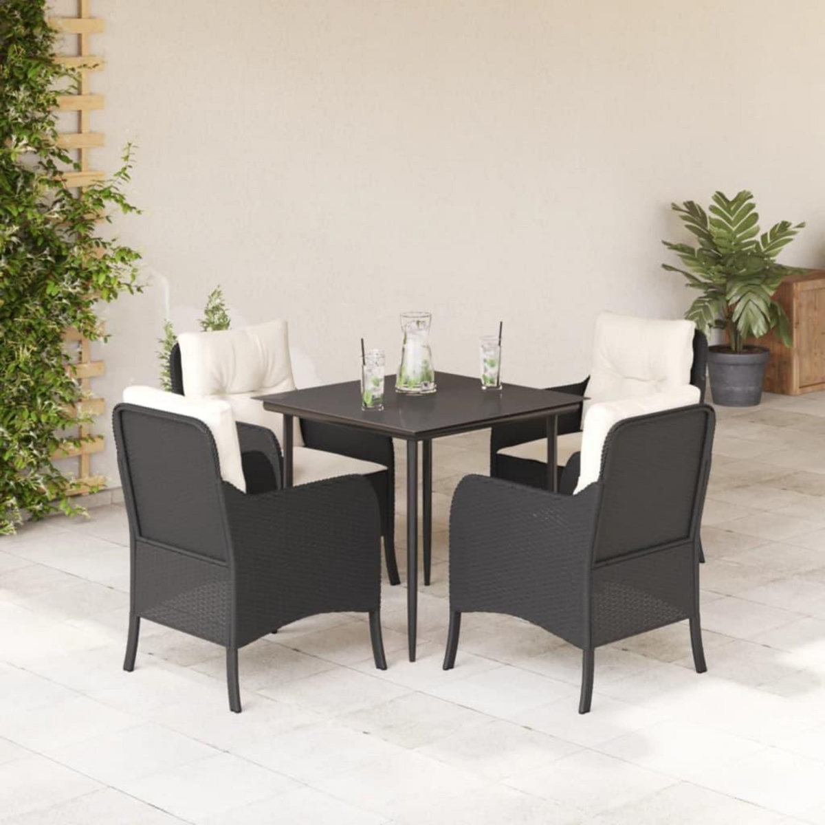 VIDAXL Ensemble a manger de jardin coussins 5pcs Noir Resine tressee