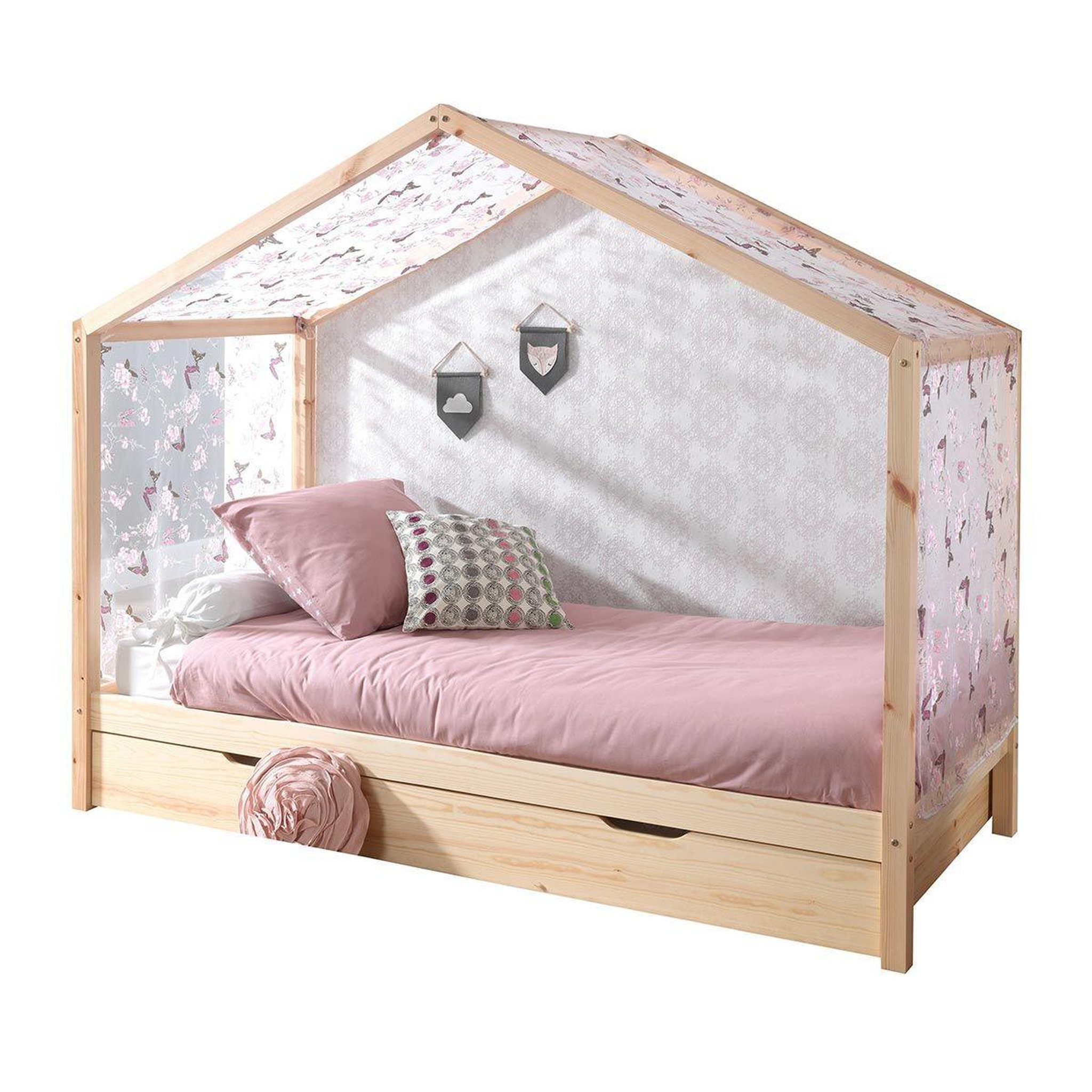 Paris Prix Pack lit cabane enfant, tiroir & voile  dallas ii  90x200cm naturel