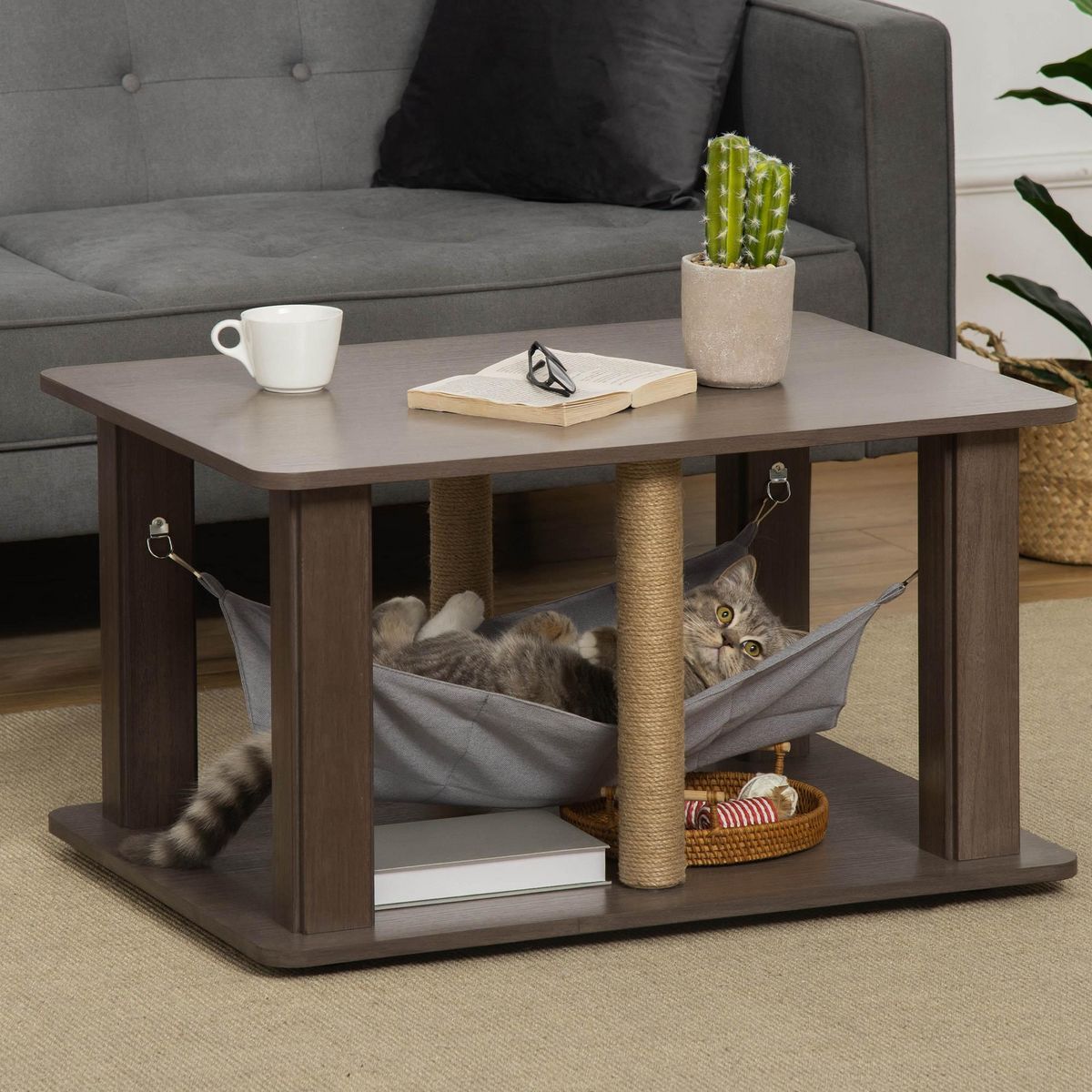 PAWHUT Table basse arbre à chat 2 en 1 - centre d'activités avec hamac, griffoirs - dim. 79L x 59l x 45,5H cm - polyester aspect bois gris