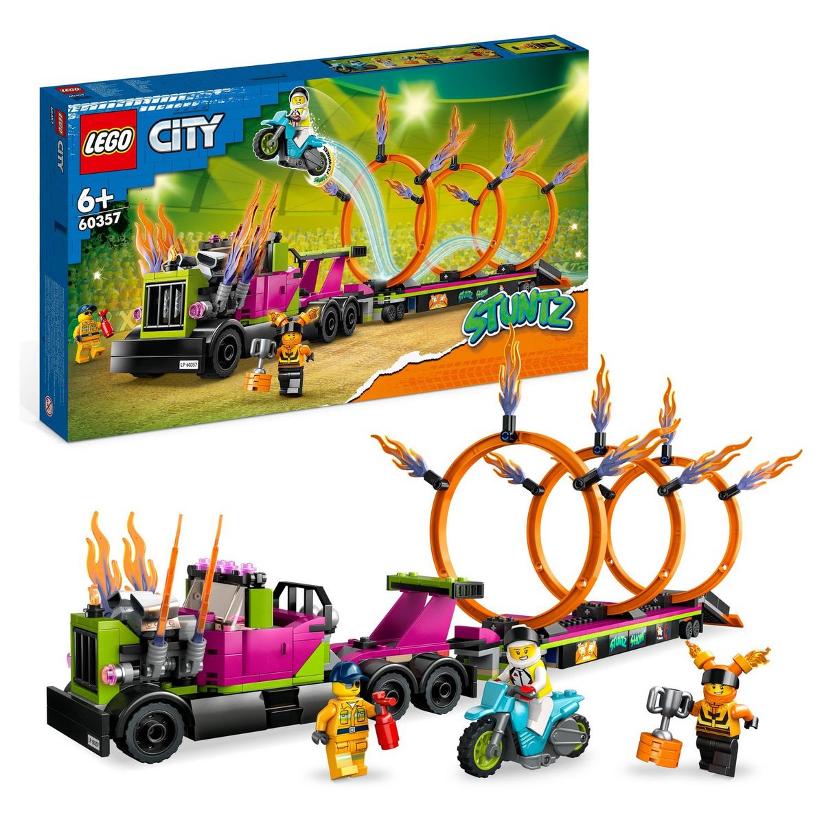 LEGO City 60357 - Le défi de cascade : les cercles de feu, Jouet Moto de Cascadeur avec Camion et Minifigurines