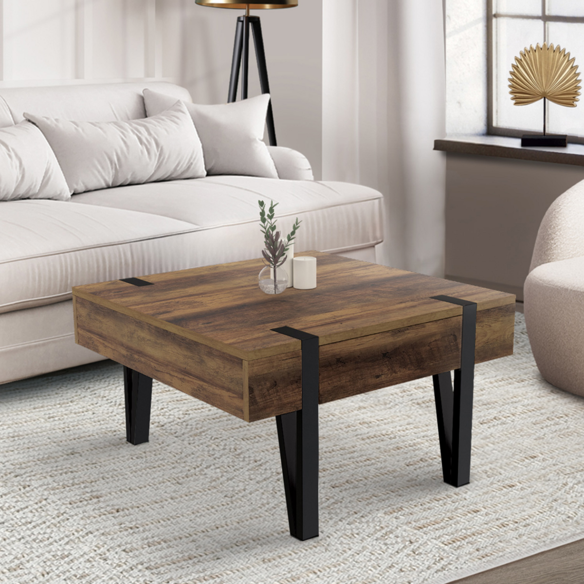 ID MARKET Table basse carrée 1 tiroir AUSTRIA 70 cm bois pied épingle noir