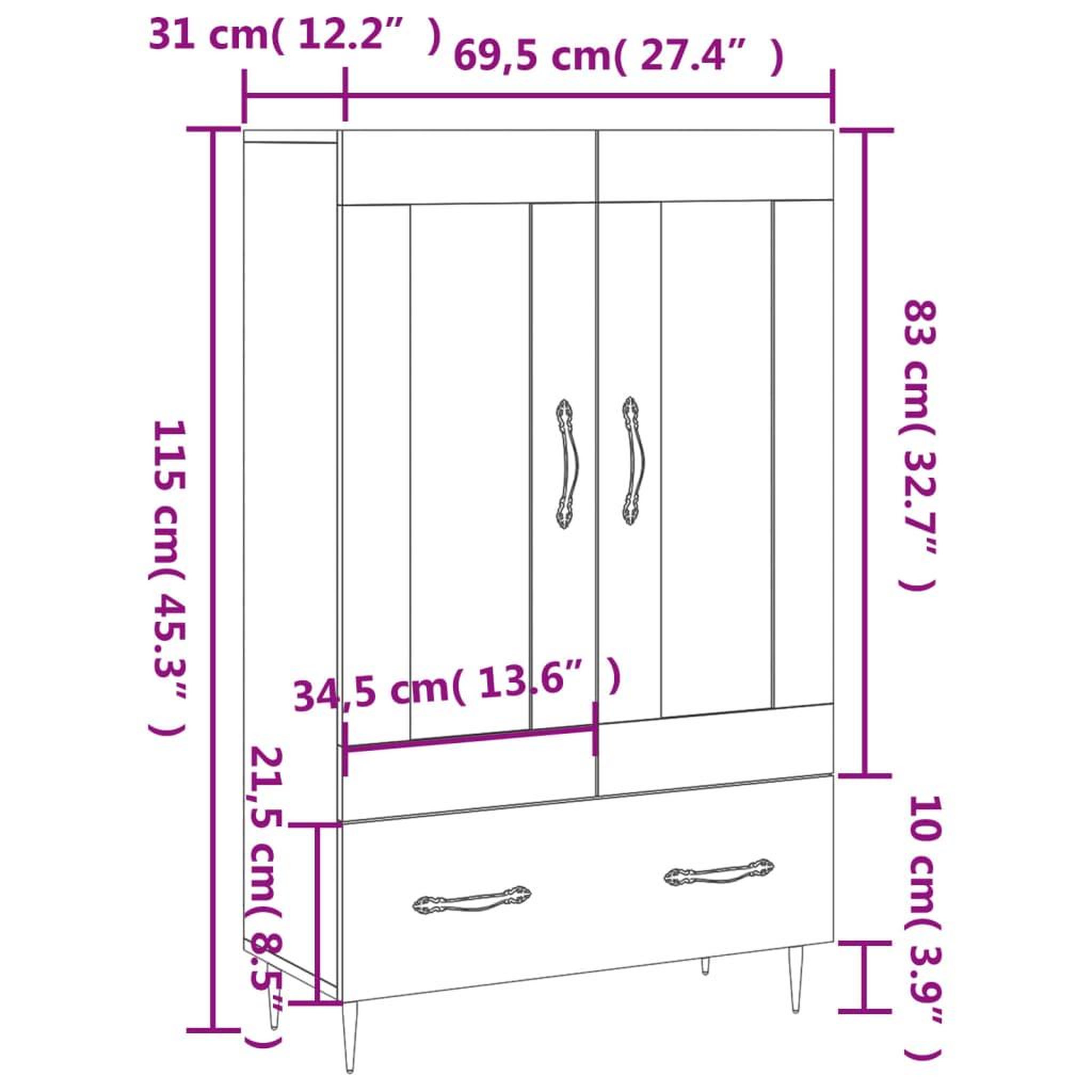 Voir la diapositive 6 : VIDAXL Buffet haut blanc 69,5x31x115 cm bois d'ingenierie