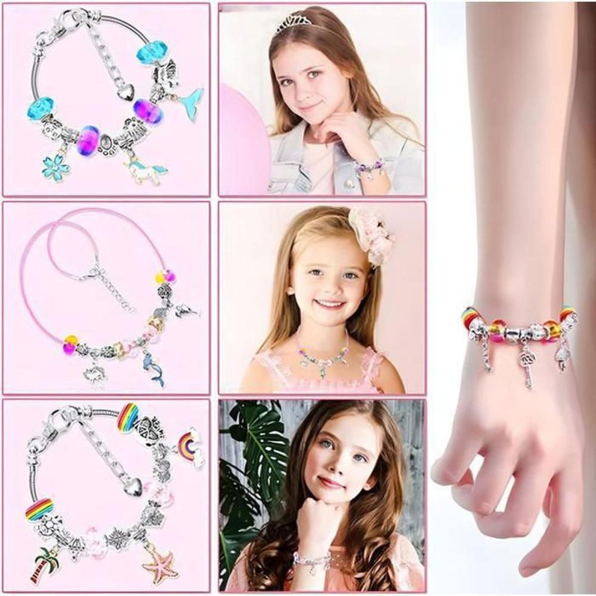 Voir la diapositive 4 : Kit de fabrication de bijoux pour enfants 66 pièces Bracelets et colliers à perles multicolores avec breloques et boîte à bijoux