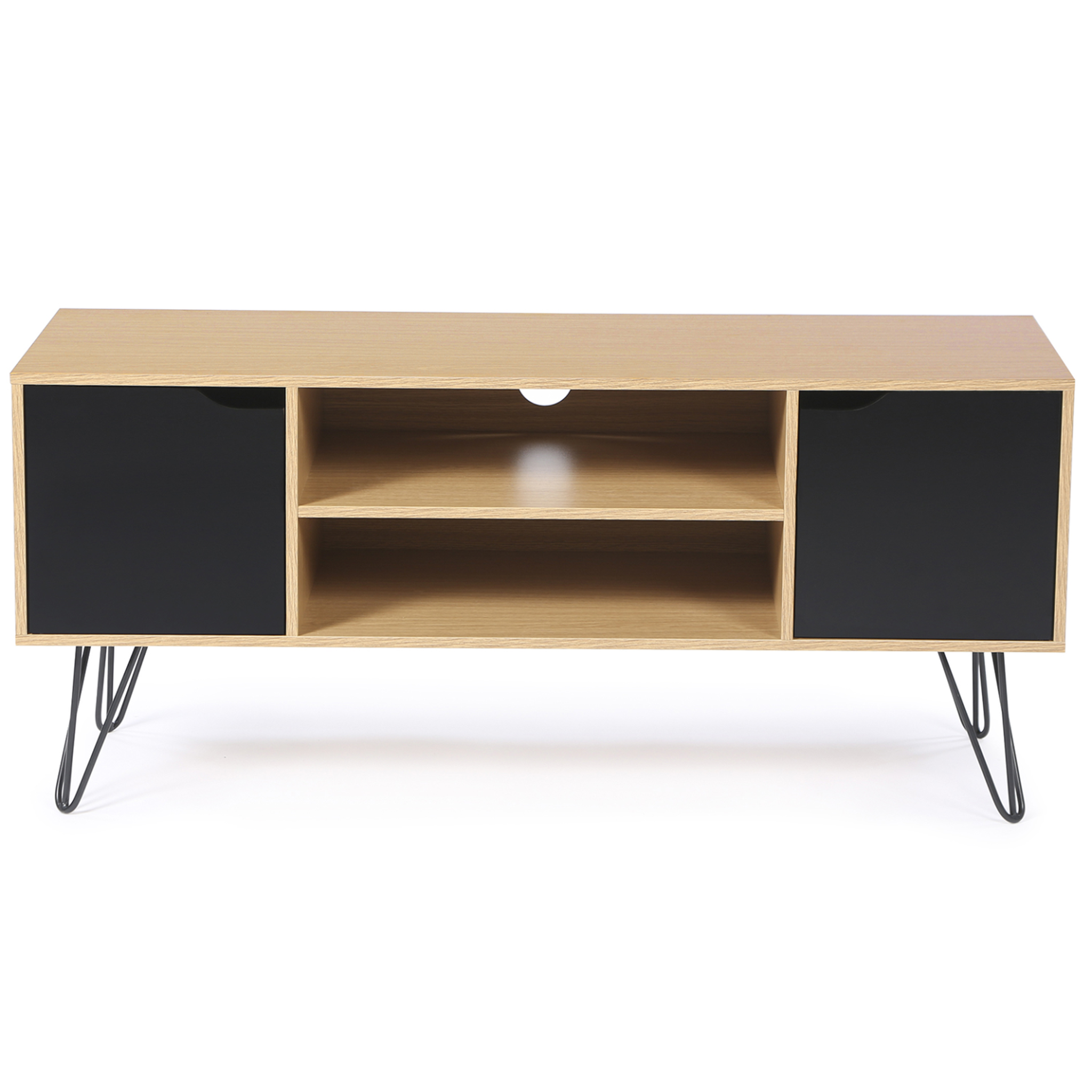 Voir la diapositive 3 : ID MARKET Meuble tv 113 cm vintage noemi pied épingle bois portes noires