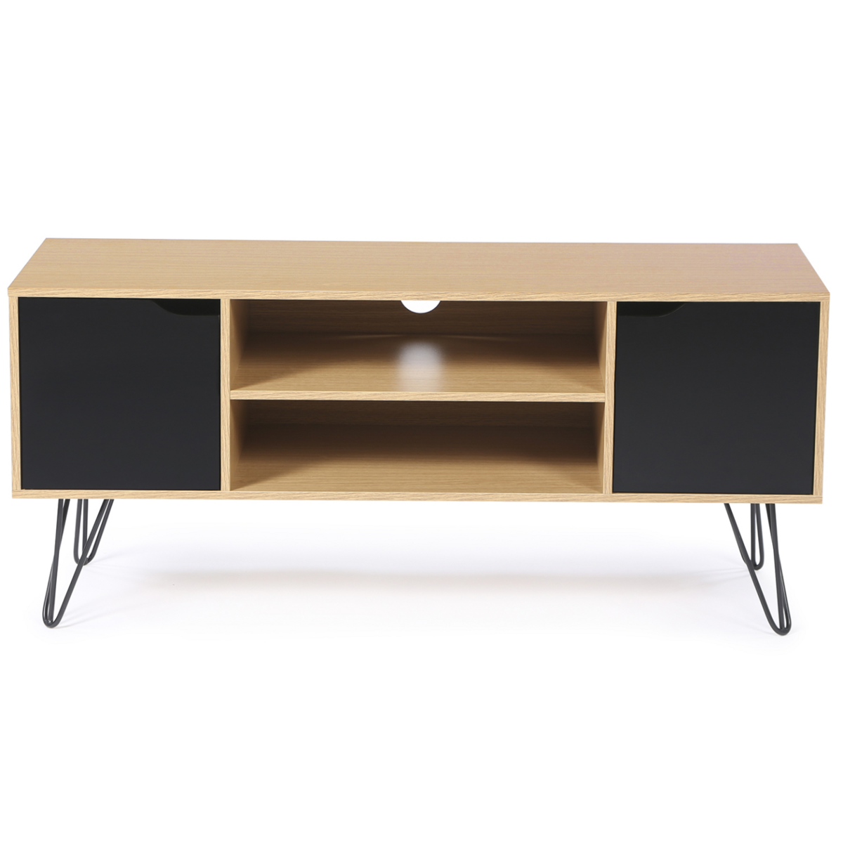 ID MARKET Meuble TV 113 cm vintage NOEMI pied épingle bois portes noires