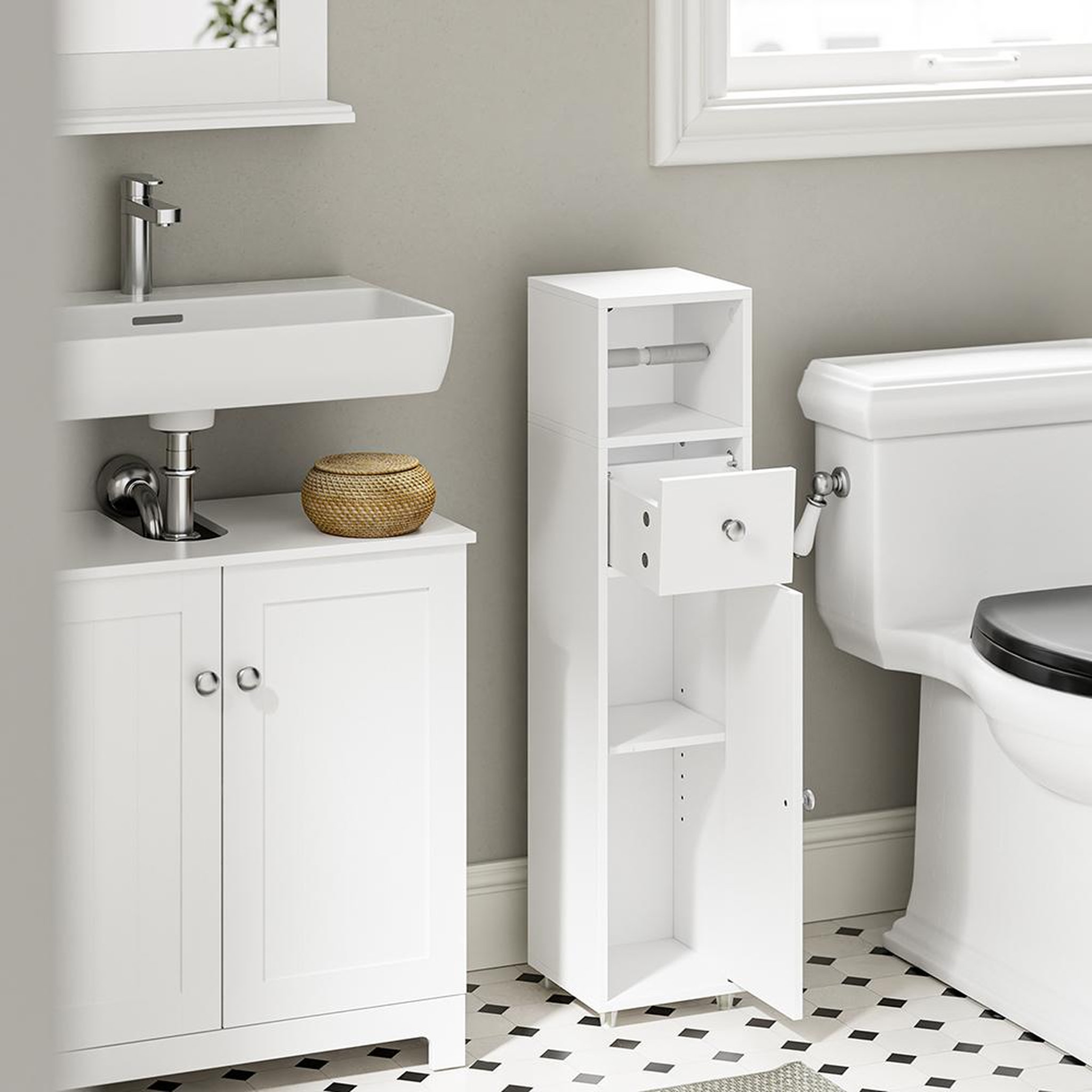 Voir la diapositive 5 : SOBUY Armoire de toilette avec tiroir Blanc 20x20x85cm BZR219-W