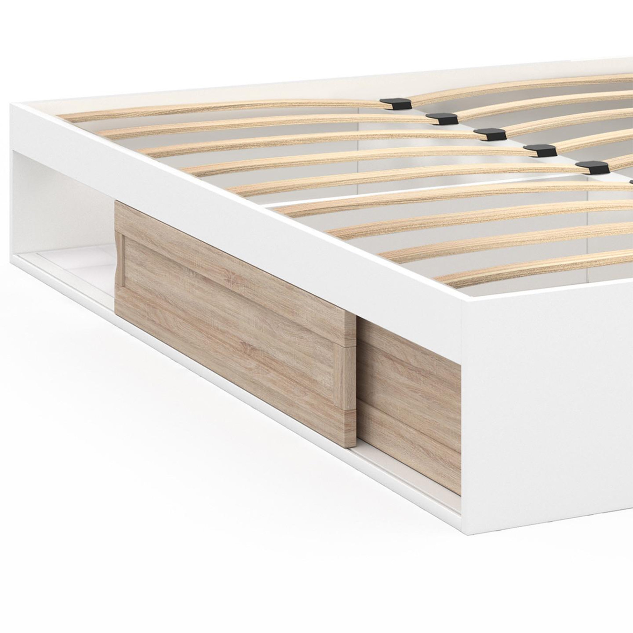Voir la diapositive 5 : ID MARKET Cadre de lit double salem avec rangements et sommier 140 x 190 cm blanc et façon hêtre