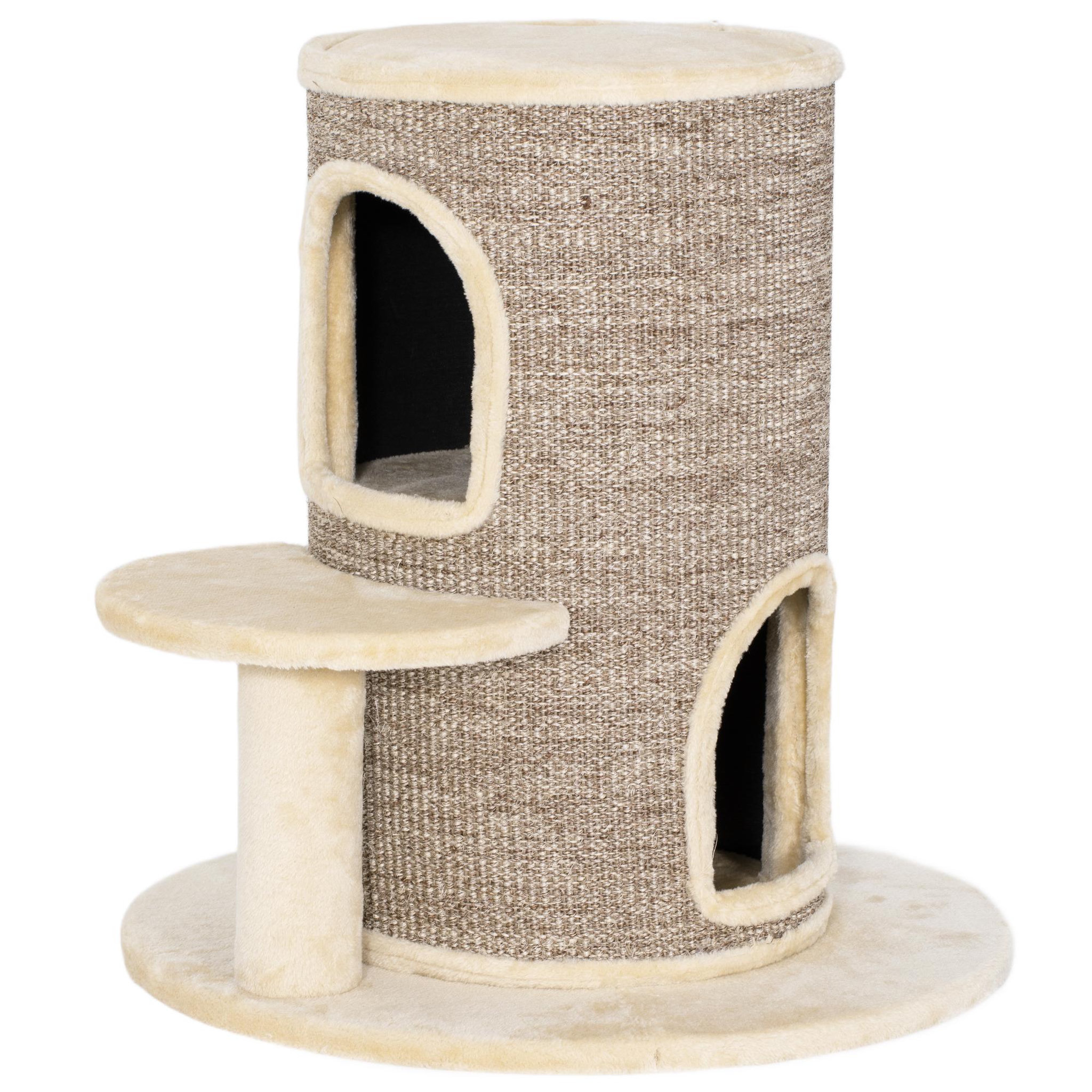 PAWHUT Arbre à chat cylindrique - tour à griffer pour chat h.61cm - tonneau griffoir - 2 niveaux + plateforme - sisal peluche beige