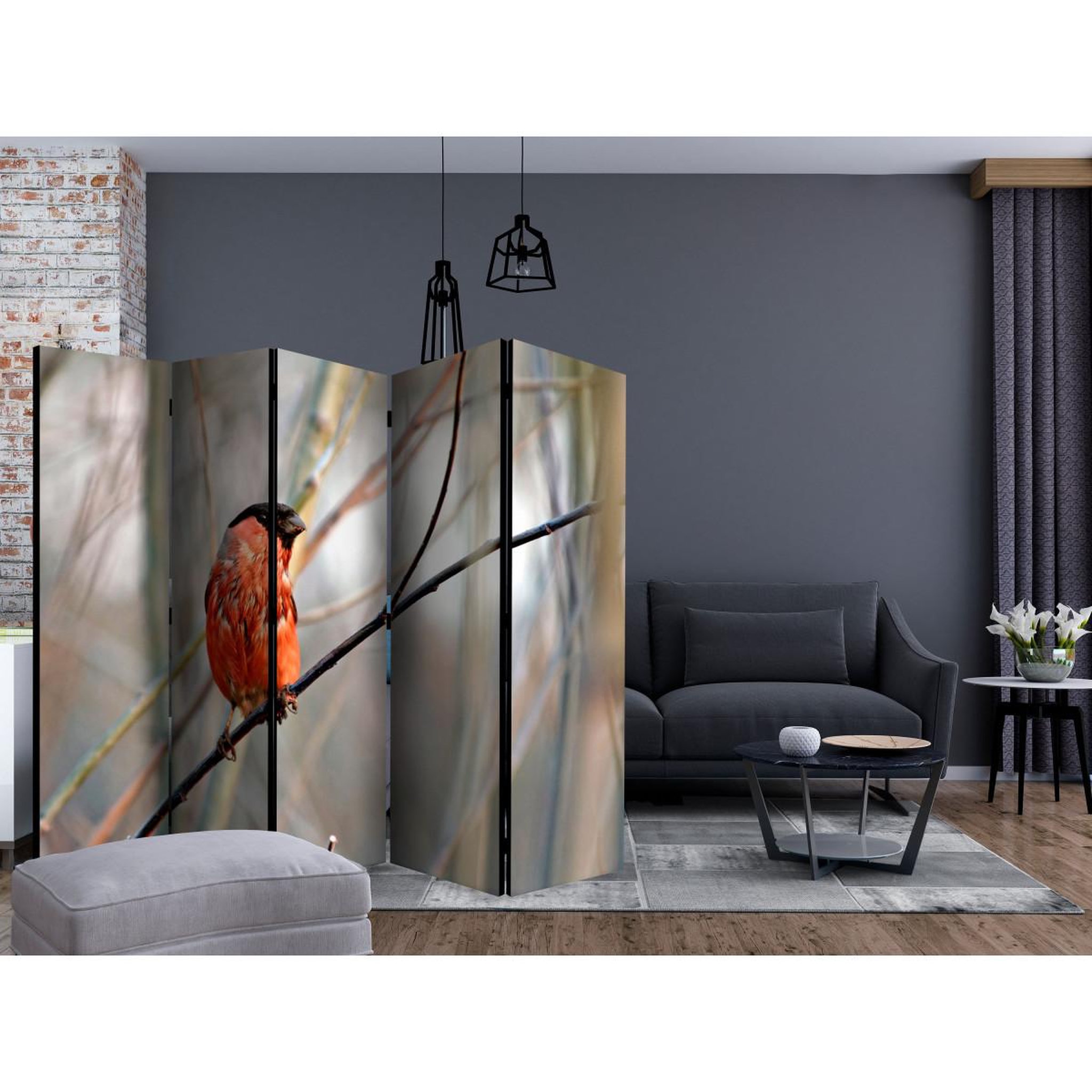 Voir la diapositive 2 : Paris Prix Paravent 5 volets  bullfinch in the forest  172x225cm