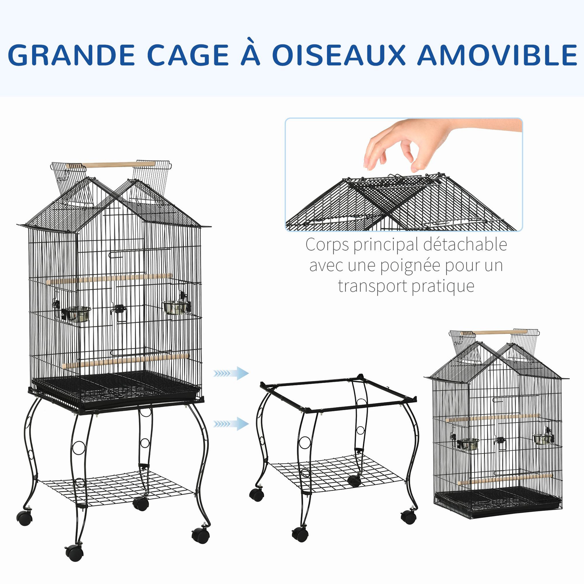 Voir la diapositive 4 : PAWHUT Cage à oiseaux sur pied volière avec 2 mangeoires perchoirs plateau amovible poignée et roulettes - 50 x 58 x 137-145 cm noir