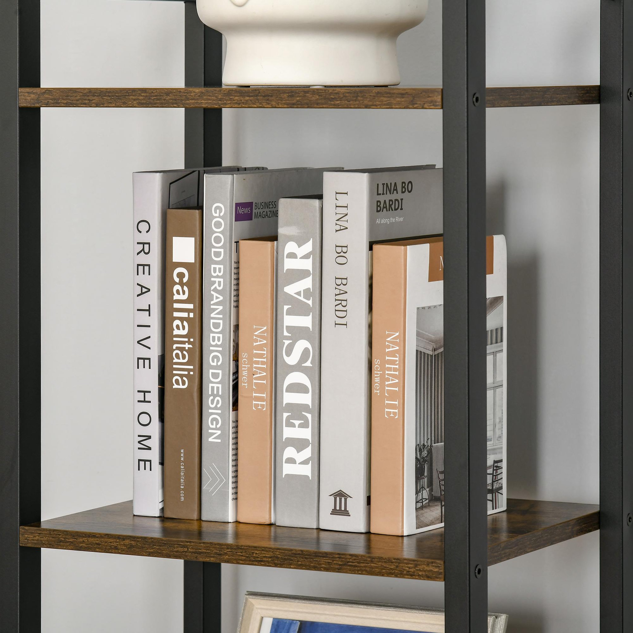Voir la diapositive 4 : HOMCOM Étagère bibliothèque style industriel H154 cm 5 étagères acier noir panneaux particules aspect bois vieilli