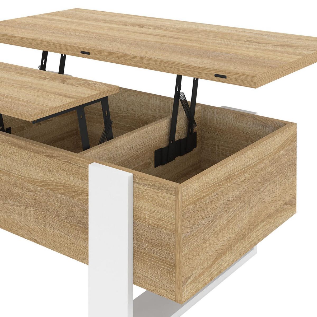 ID MARKET Table basse plateau relevable rectangulaire convertible en table à manger PHOENIX 97,5 cm bois et blanc