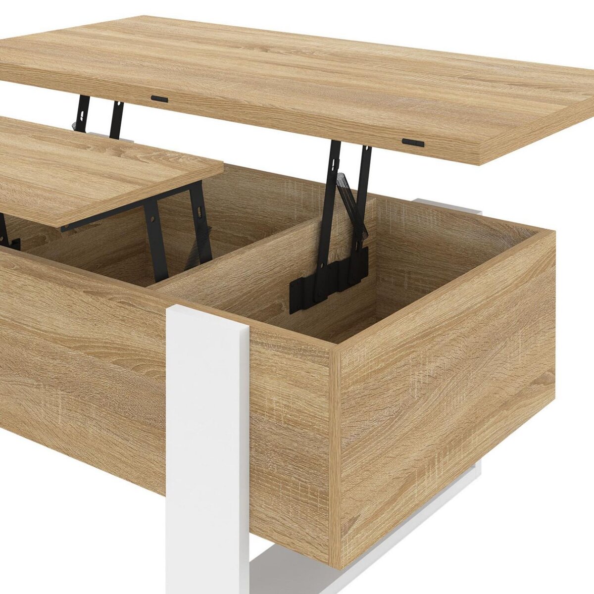 ID MARKET Table basse plateau relevable rectangulaire convertible en table à manger PHOENIX 97,5 cm bois et blanc