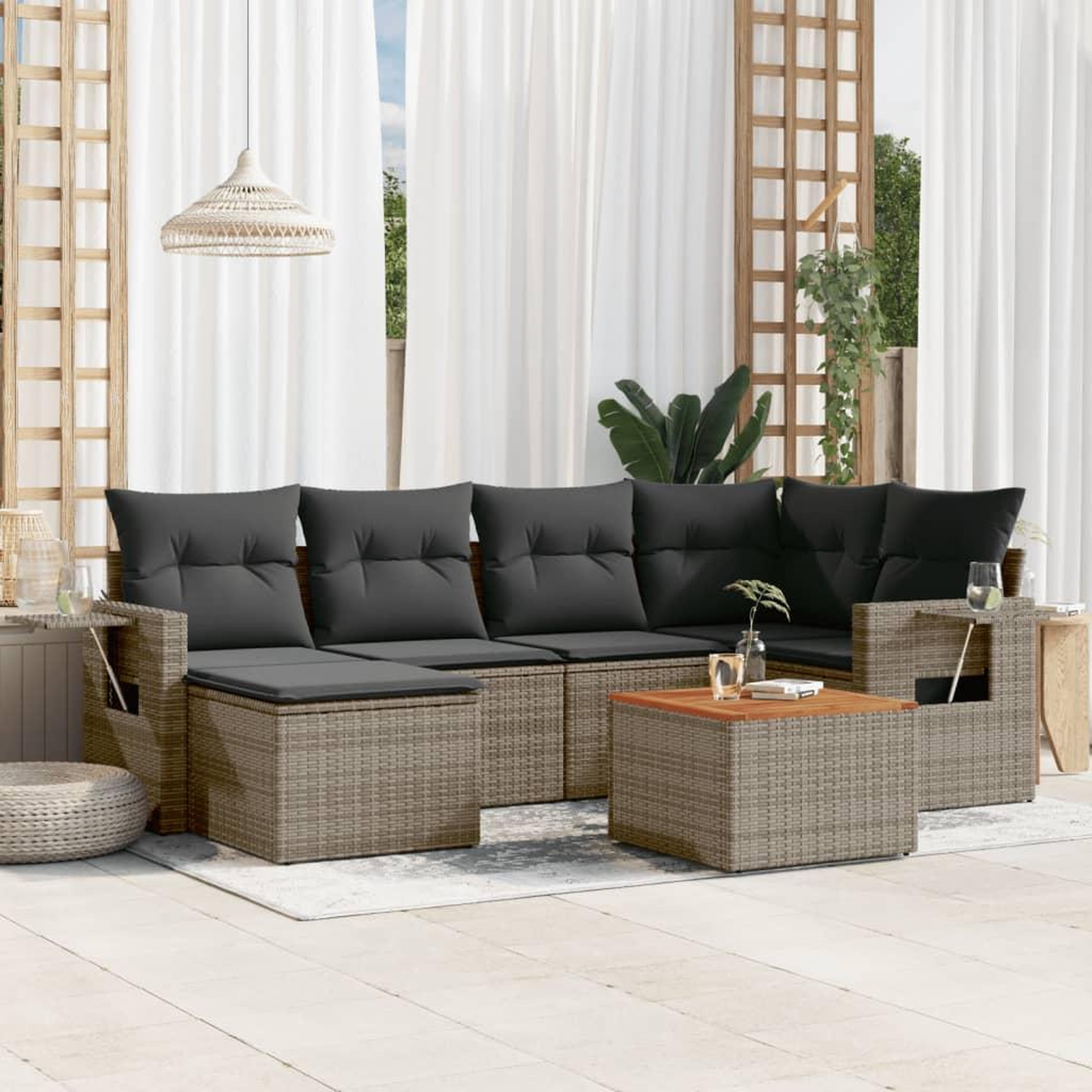 VIDAXL Salon de jardin avec coussins 7 pcs gris resine tressee