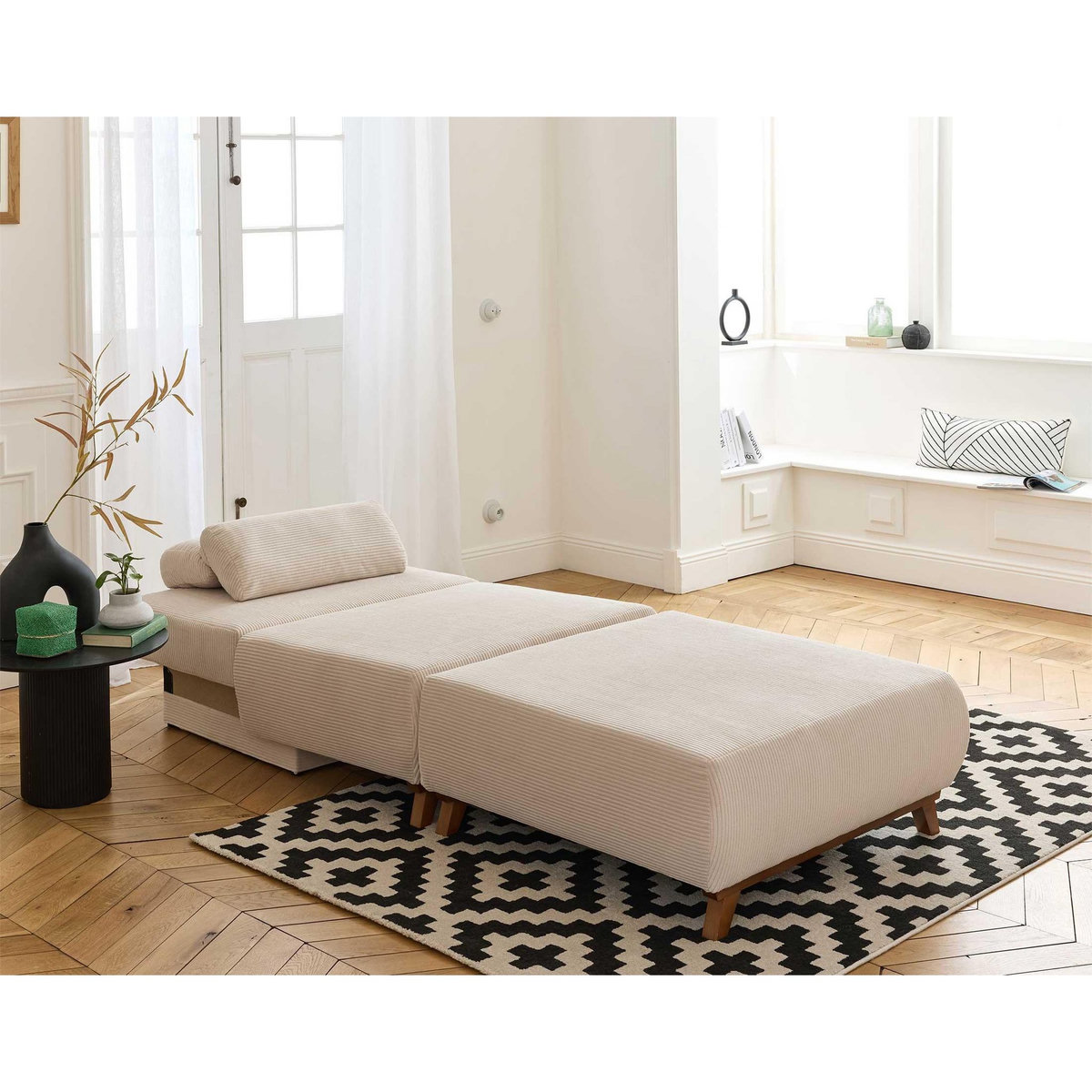 BEST MOBILIER Cristal - fauteuil - convertible avec coffre et grand pouf - en velours côtelé