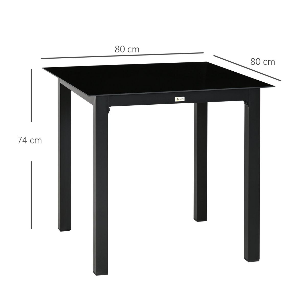OUTSUNNY Table de jardin carrée 4 personnes dim. 80L x 80l x 74H cm alu. plateau verre trempé noir