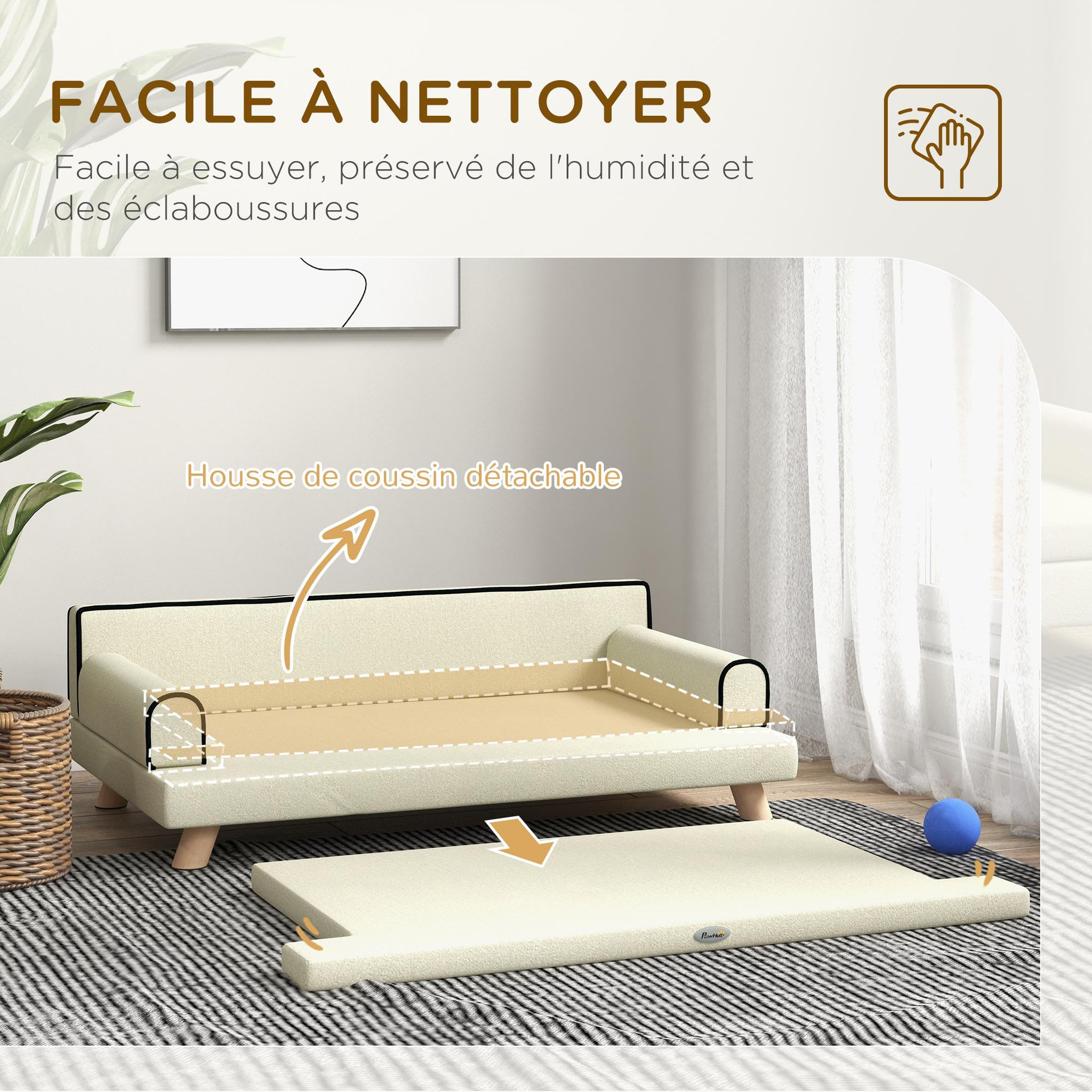 Voir la diapositive 5 : PAWHUT Canapé chien lit pour chien design scandinave coussin moelleux piètement bois dim. 100l x 62l x 32h cm polyester beige