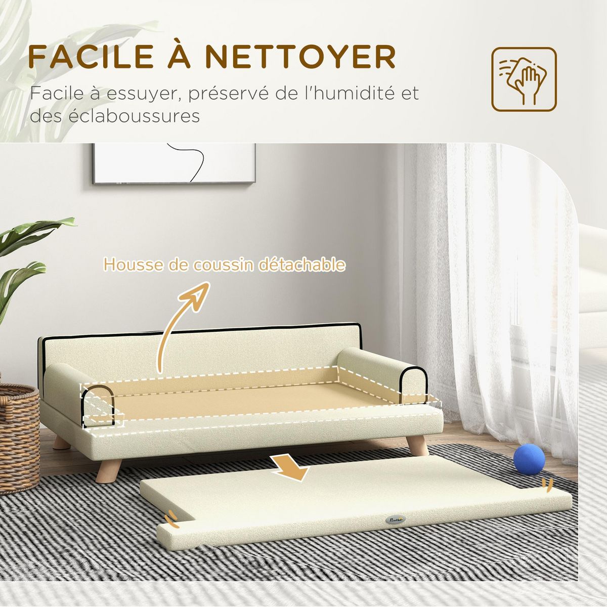 PAWHUT Canapé chien lit pour chien design scandinave coussin moelleux piètement bois dim. 100L x 62l x 32H cm polyester beige