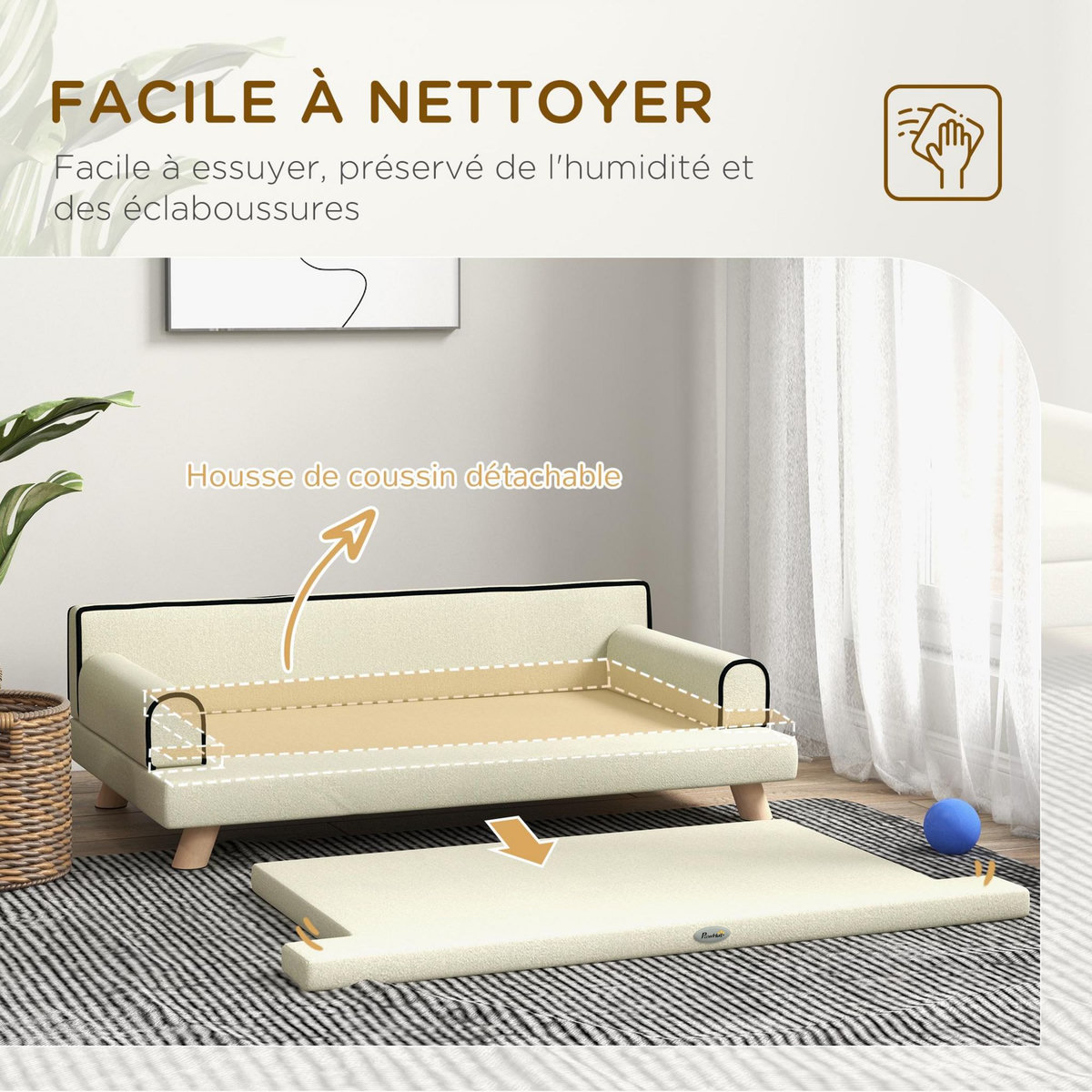 PAWHUT Canapé chien lit pour chien design scandinave coussin moelleux piètement bois dim. 100L x 62l x 32H cm polyester beige