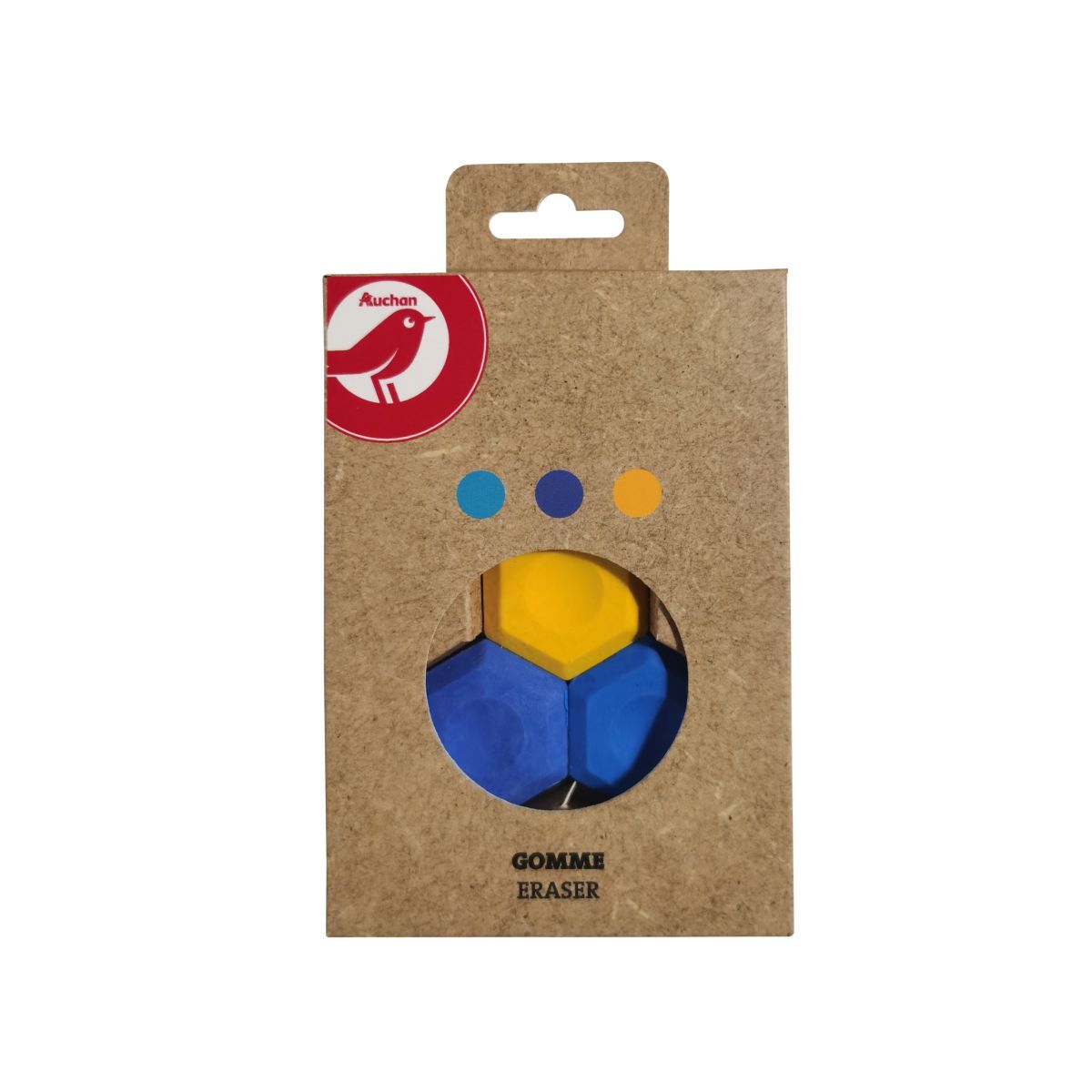 AUCHAN Lot de 3 gommes fantaisies 1 bleu foncée 1 bleu et 1 jaune