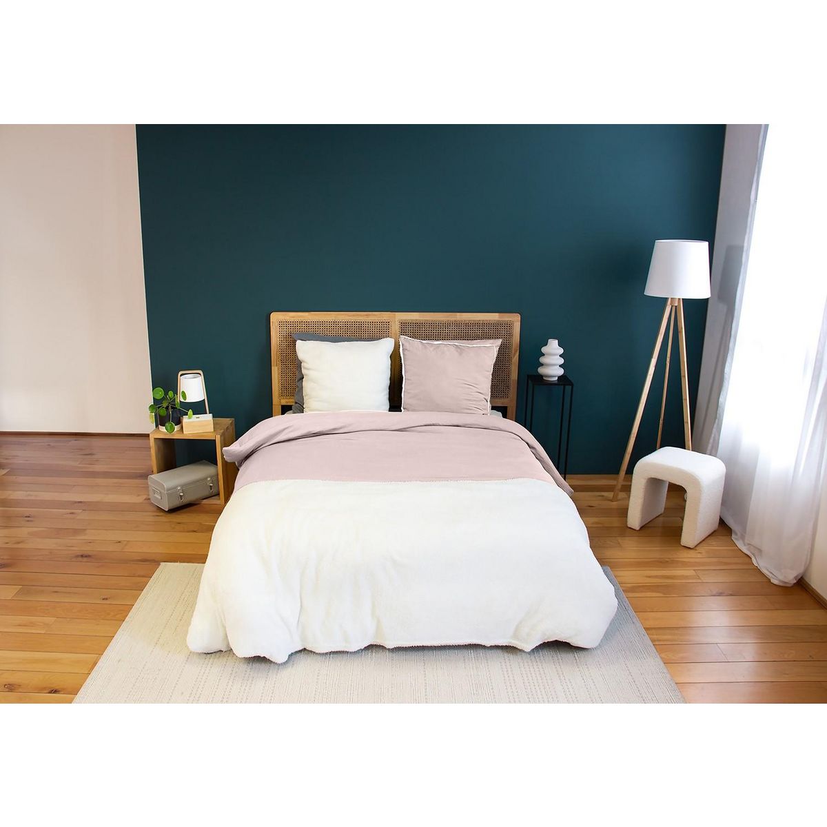 Home collection Parure housse de couette 100% microfibre lavee, sherpa - rose