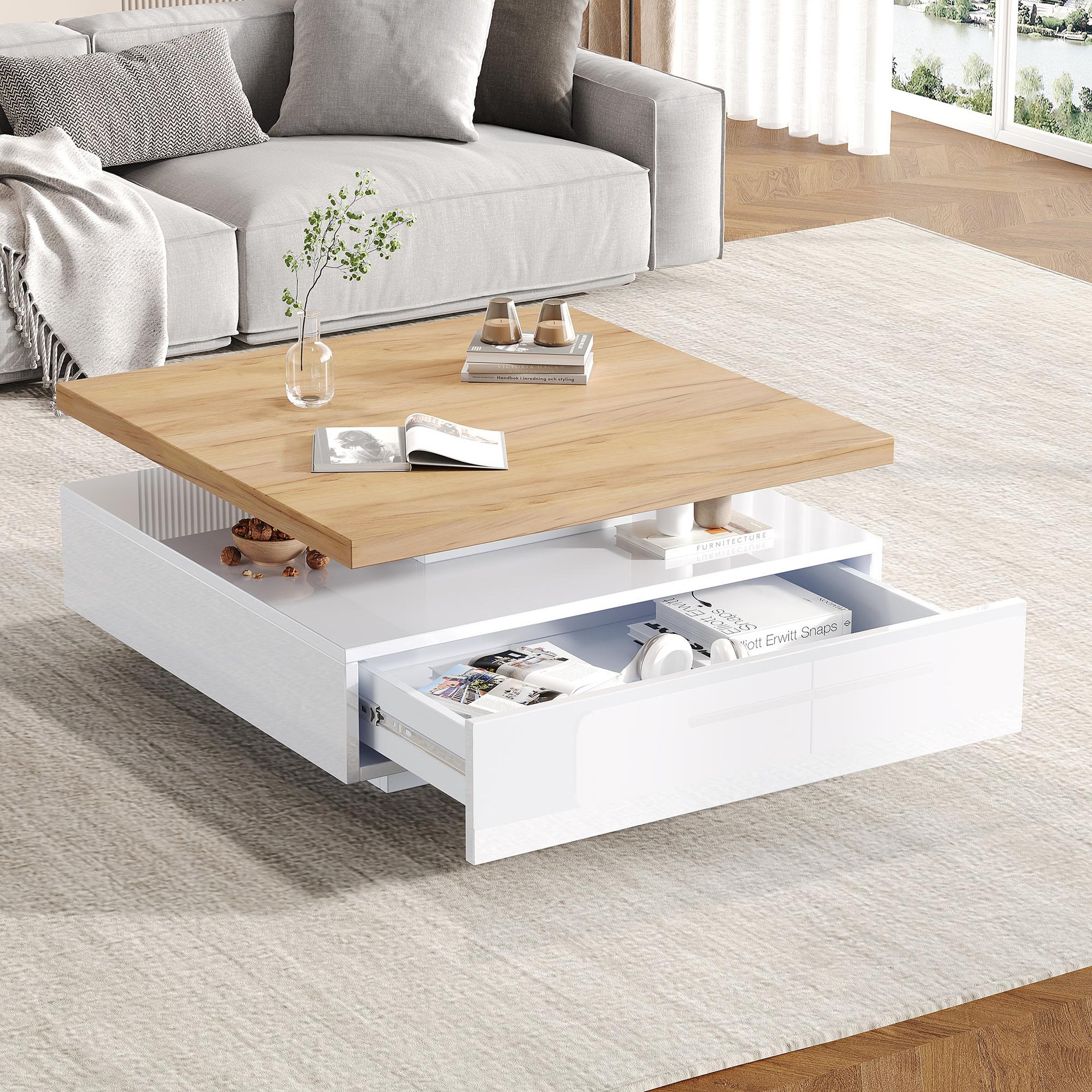 Voir la diapositive 3 : MERAX Table Basse Carrée Avec Un Bureau Rotatif à 360° Et 1 Tiroir Blanc