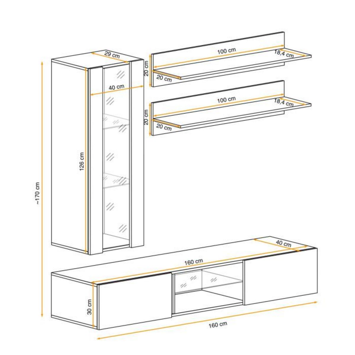Paris Prix Meuble TV Mural Design  Fly XIX  170cm Blanc & Noir
