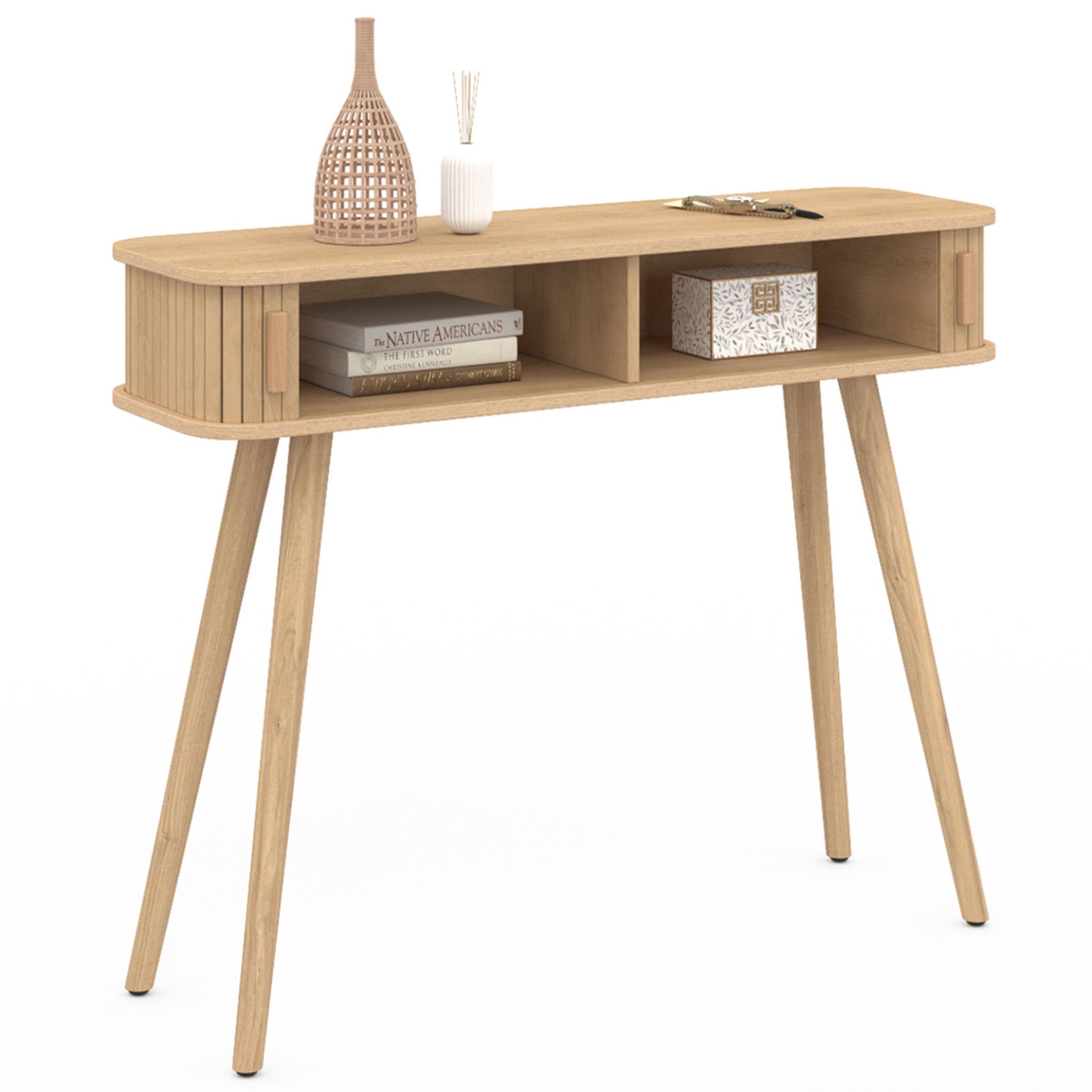 Voir la diapositive 4 : ID MARKET Console 2 portes coulissantes romie lattes tasseau bois coloris chêne