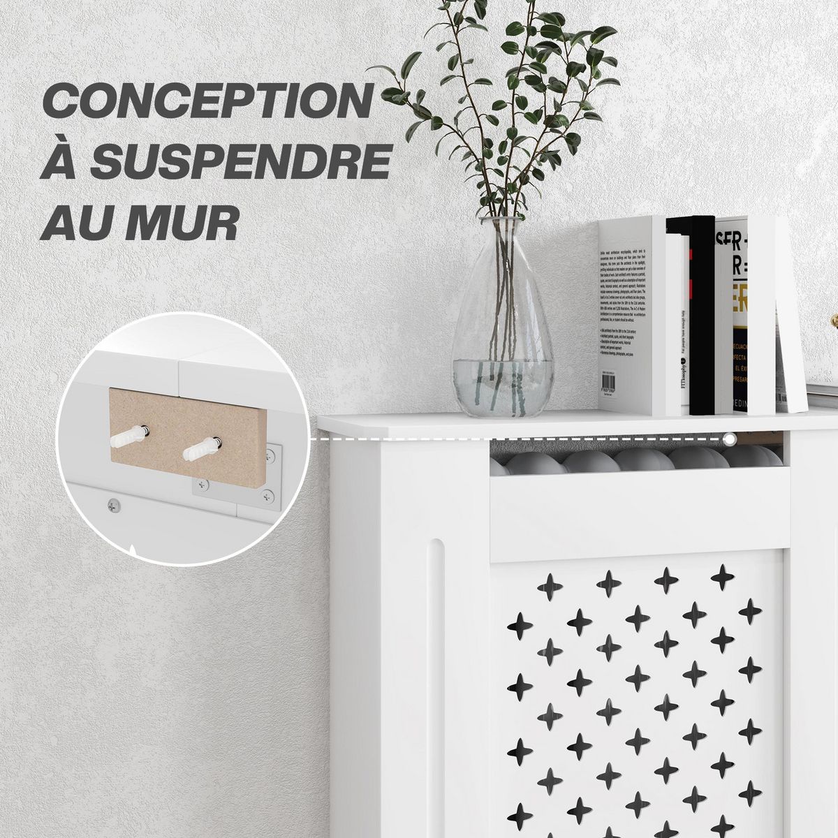 HOMCOM Cache-radiateur motif nid d'abeille - dim. 112L x 19l x 81H cm - MDF blanc