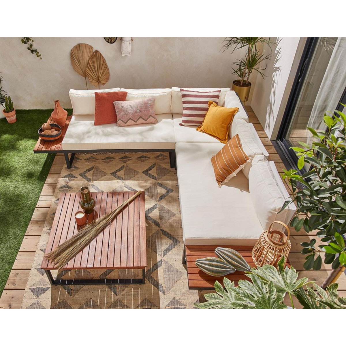 BEST MOBILIER Yulara - salon bas d'angle de jardin 5 places - bois, métal et coussins beiges