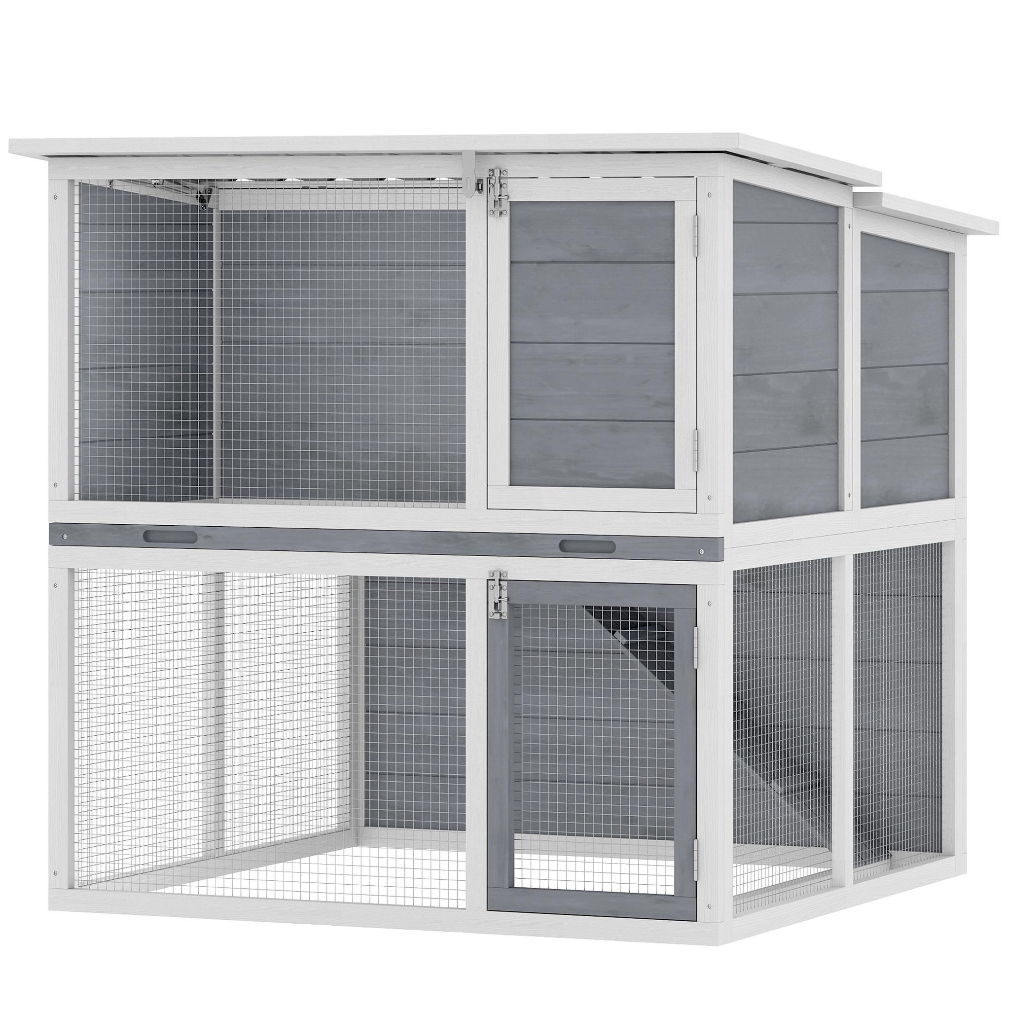 Voir la diapositive 5 : PAWHUT Clapier lapin extérieur 2 étages toit double ouverture bois gris