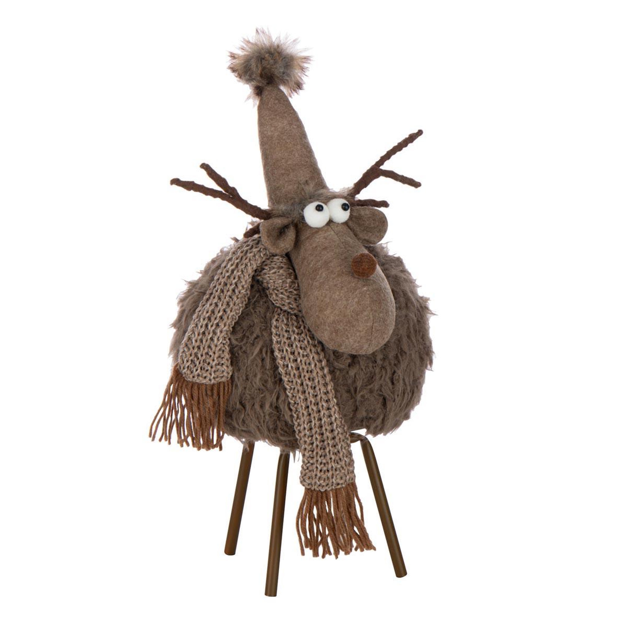 J-LINE Statuette renne déco  bonnet & foulard  46cm marron