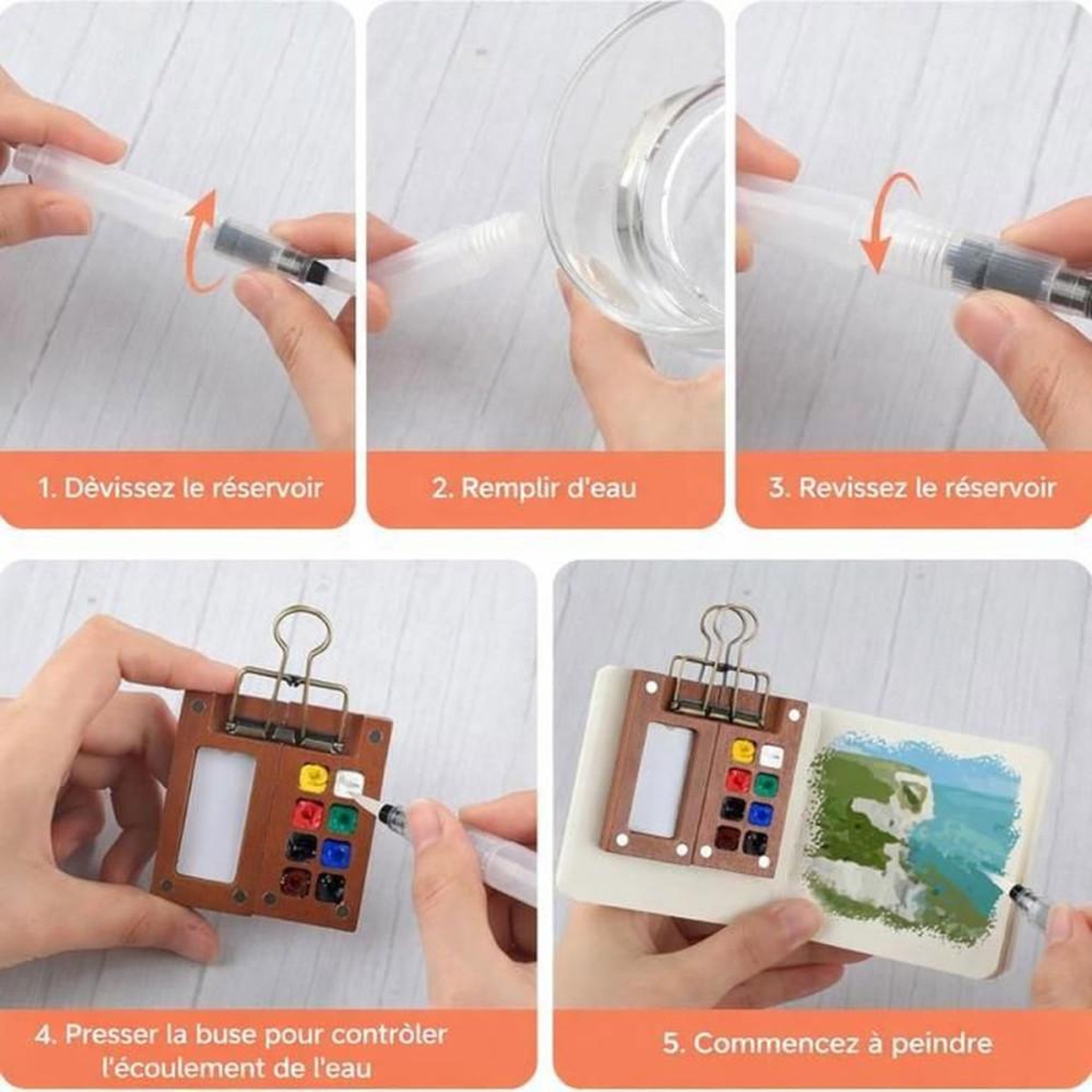 Voir la diapositive 4 : Kit palette portable aquarelle gouache 8 couleurs en bois de noyer avec pinceau à réservoir rechargeable et carnet de croquis 300 g/m²