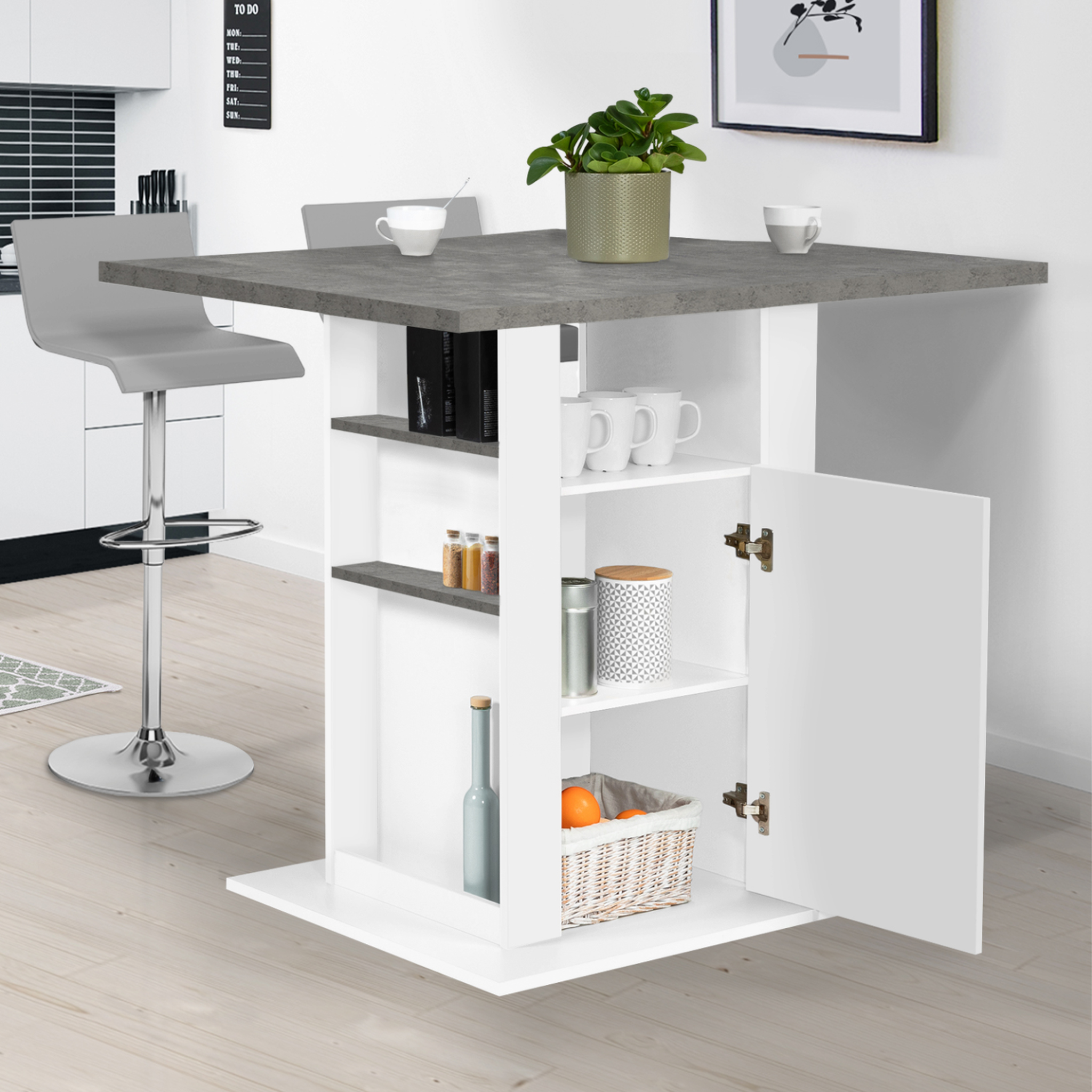 Voir la diapositive 3 : ID MARKET Ilot central ugo 110 cm plateau effet béton et blanc avec rangements