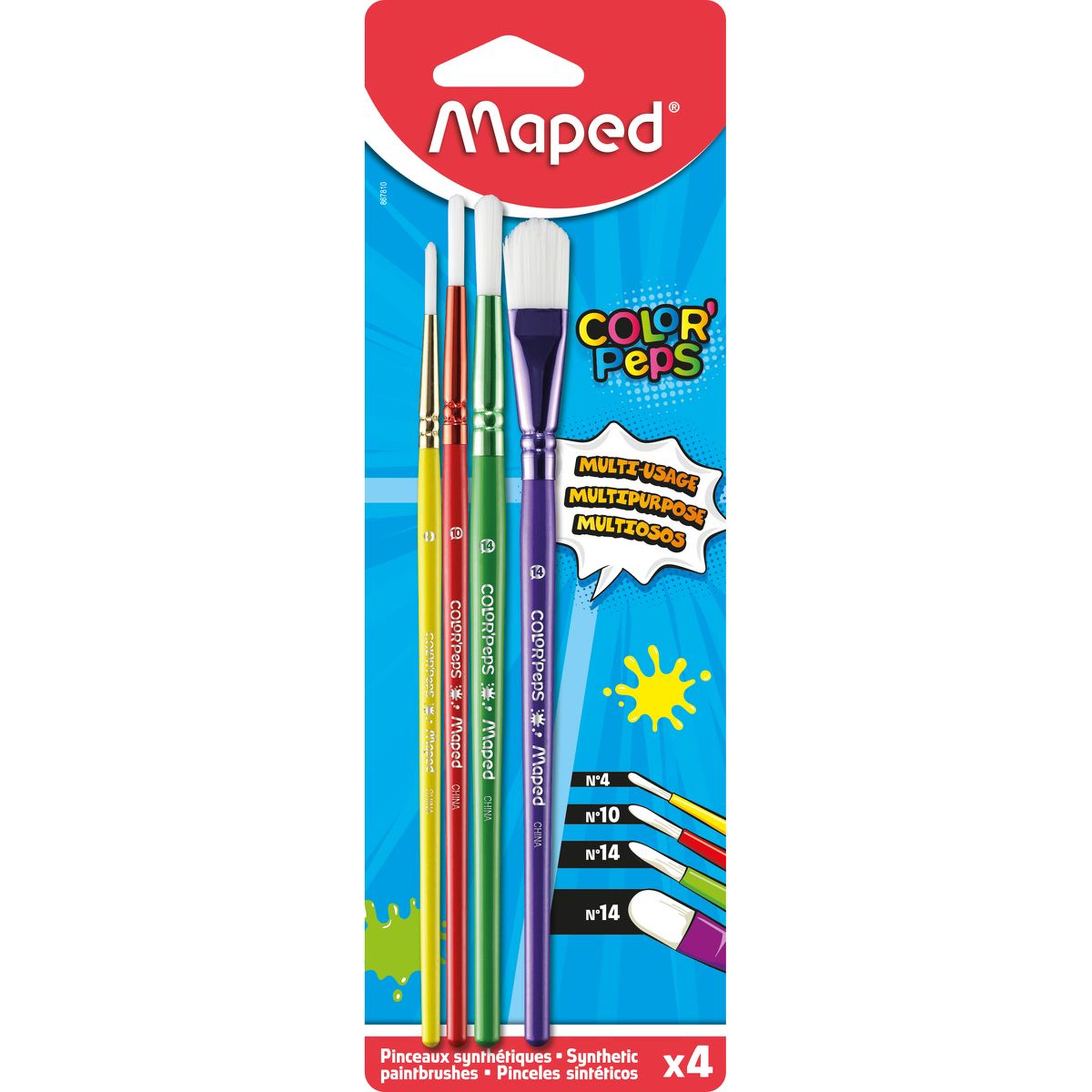 MAPED Lot de 4 pinceaux synthétiques Color'Peps N°4/10/14/14