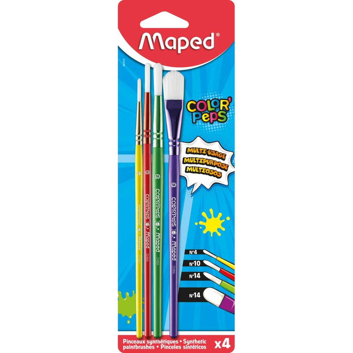 MAPED Lot de 4 pinceaux synthétiques Color'Peps N°4/10/14/14
