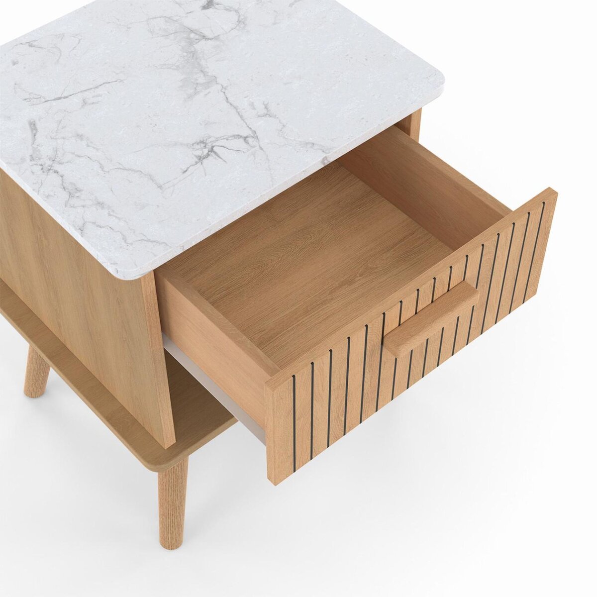 ID MARKET Lot de 2 tables de chevet JULIETTE plateau effet marbre 1 tiroir avec niche lattes tasseau bois