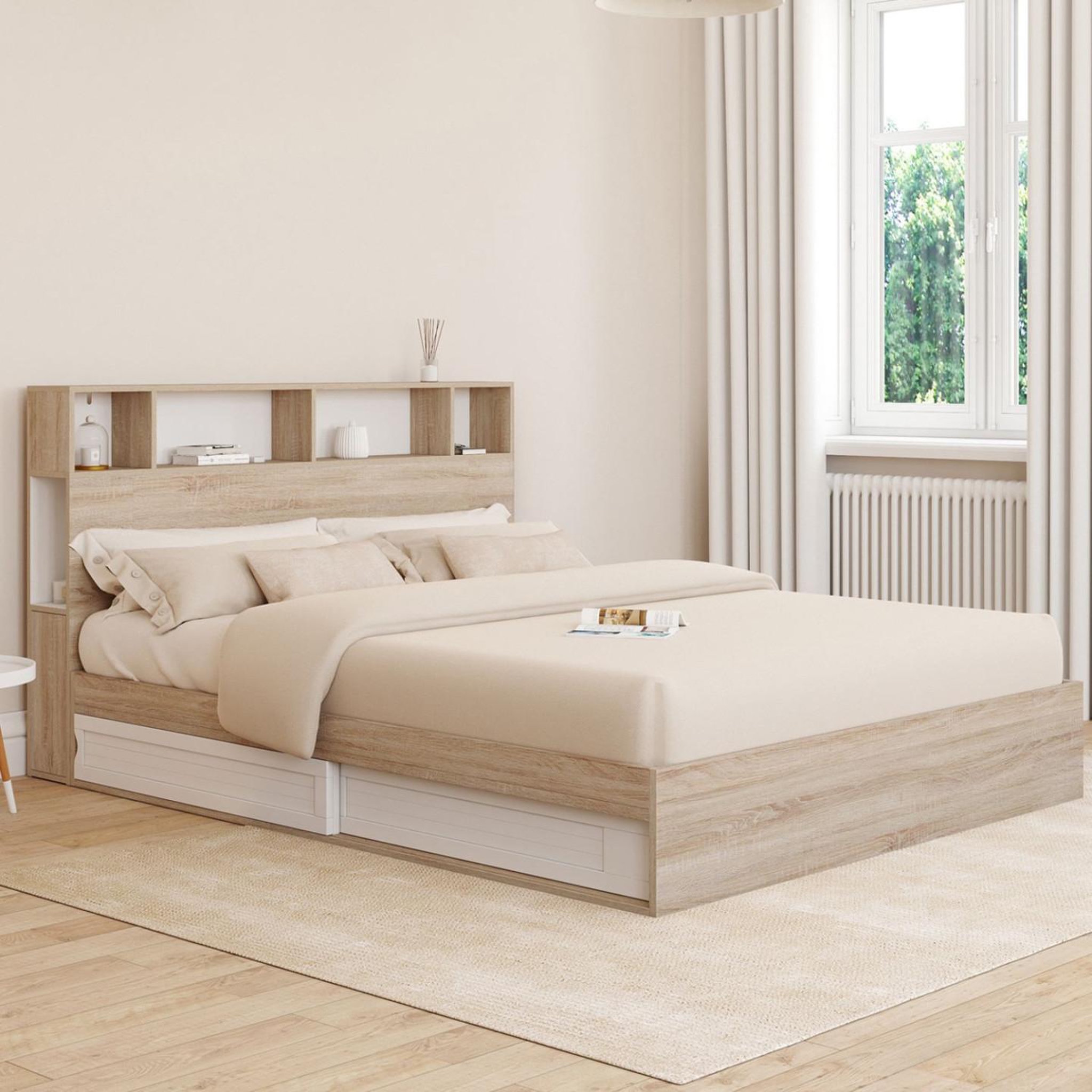 Voir la diapositive 4 : ID MARKET Lit double clem avec rangements + tête de lit et sommier 160 x 200 cm hêtre et blanc