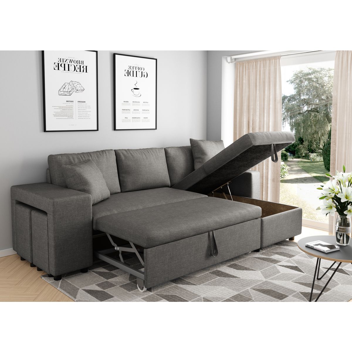  Canapé 3 places d'angle Droit convertible avec coffre Microfibre gris tissu + 2 poufs inclus ANETTA