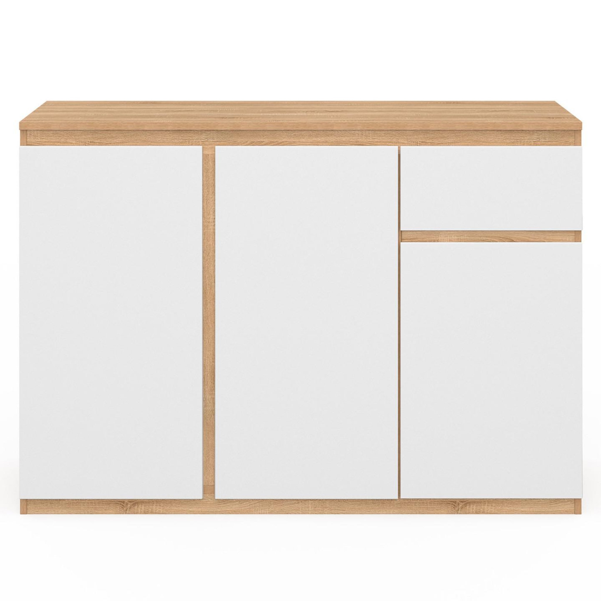 Voir la diapositive 3 : ID MARKET Buffet 100 cm TOMI 3 portes et 1 tiroir blanc et bois